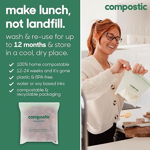 Miniatura 5 de Compostic - Bolsas resellables compostables para aperitivos para el hogar (6 x 3.5 pulgadas) - Aptas para microondas y congelador - Bolsas de
