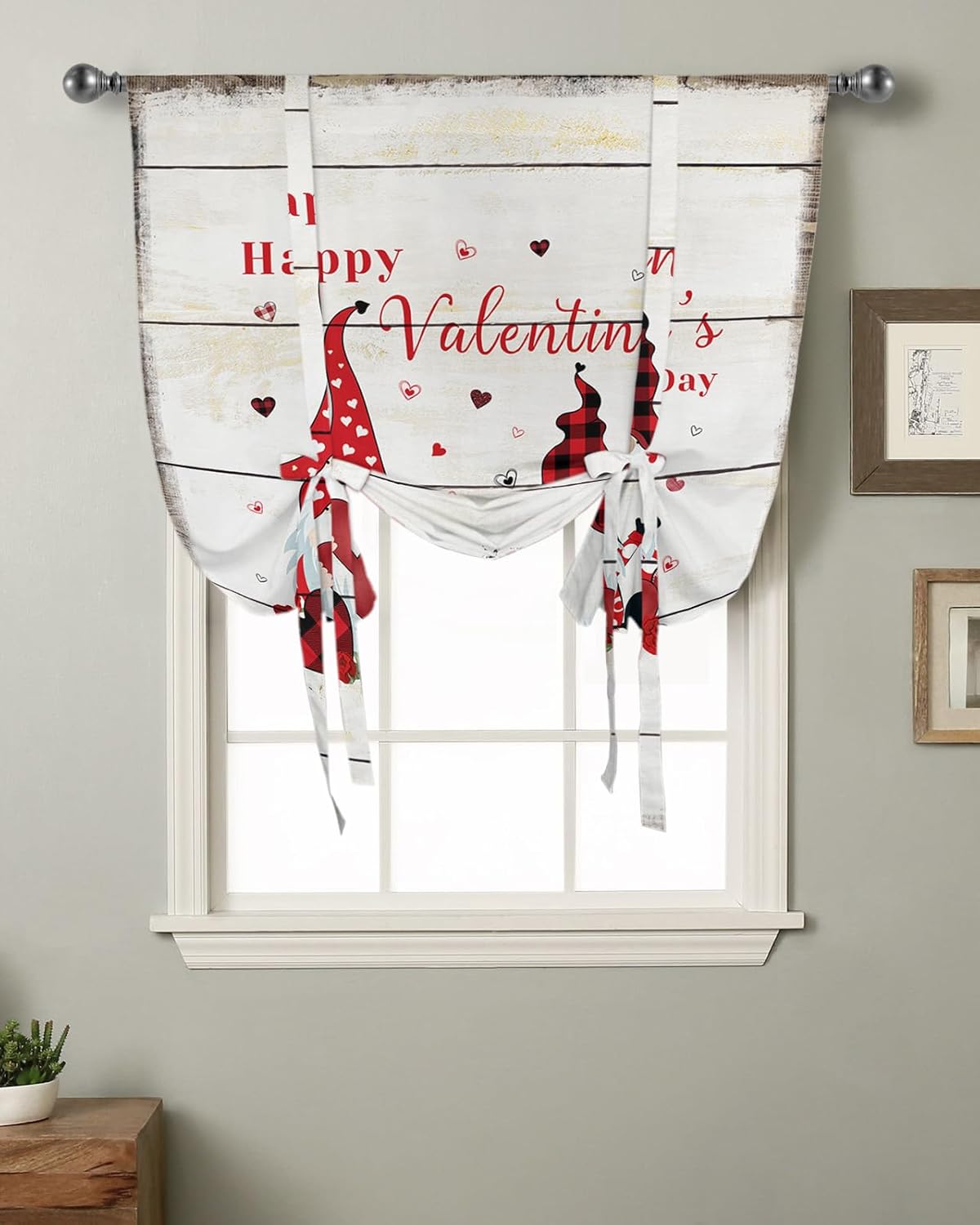 Valentines Tie Up Window Shade Curtain Gnome and Love Kitchen Adjustable Balloon Curtains Shades Drape 46x63In for Living Room/Bedroom/Cafe Windows Romantic Hearts Rose Flower Wood Plank