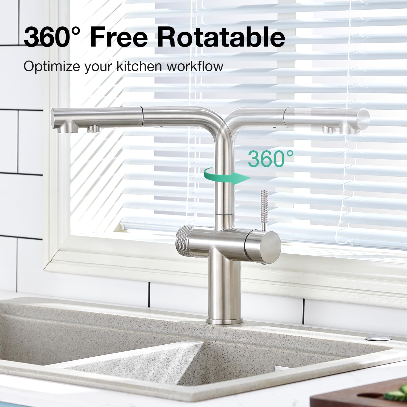 Faustina Robinet de cuisine à 3 voies, Robinet d'évier de cuisine avec pulvérisateur extractible à double poignée, Robinet de cuisine à levier à ressort, Filtre à eau 3 en 1, Robinet rotatif à 360° en