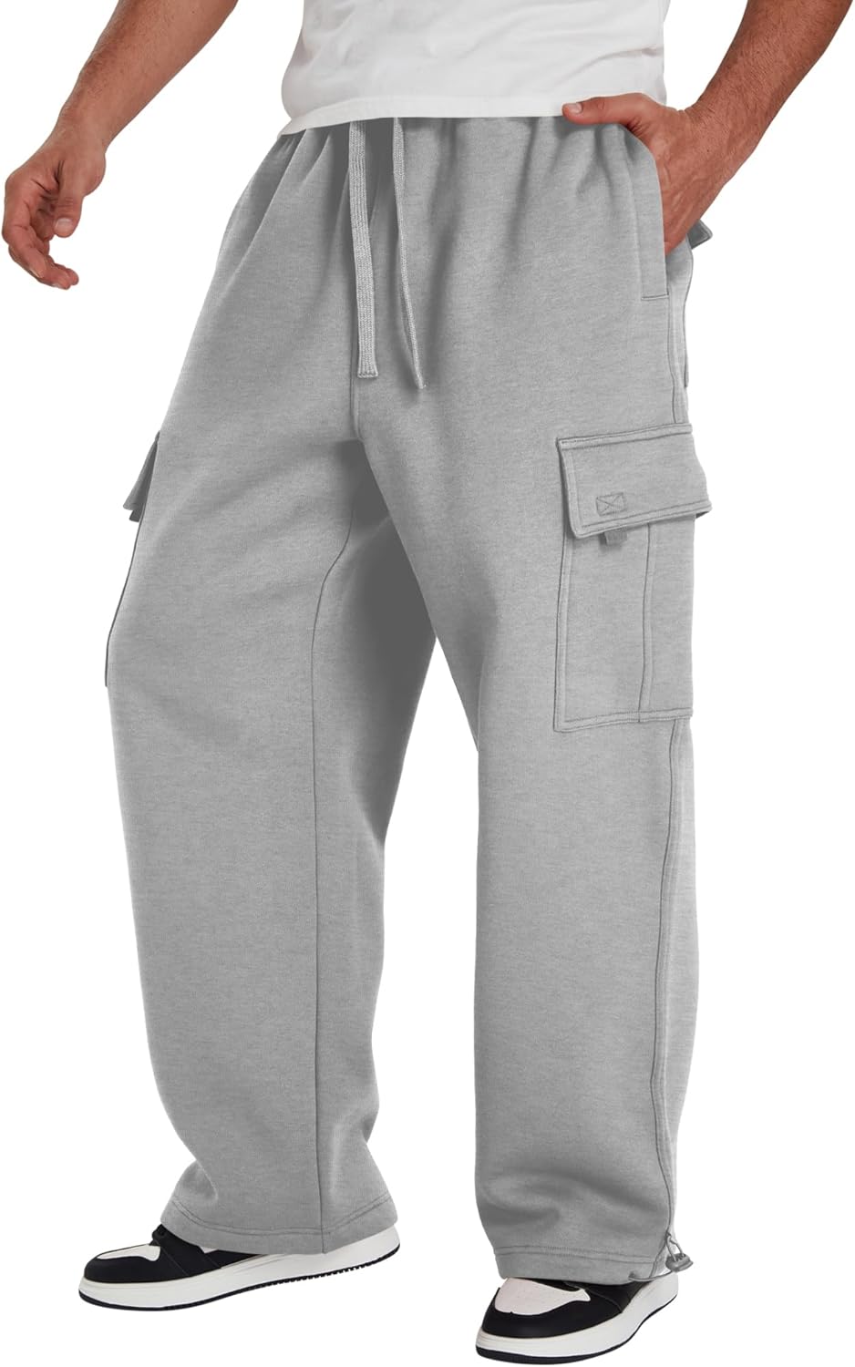 Mens Heavyweight Fleece Cargo Sweatpants - Baggy Fit Thick Cotton-Blend Fleece Cargo Pants with Adjustable Ankle Drawstring - Image 3