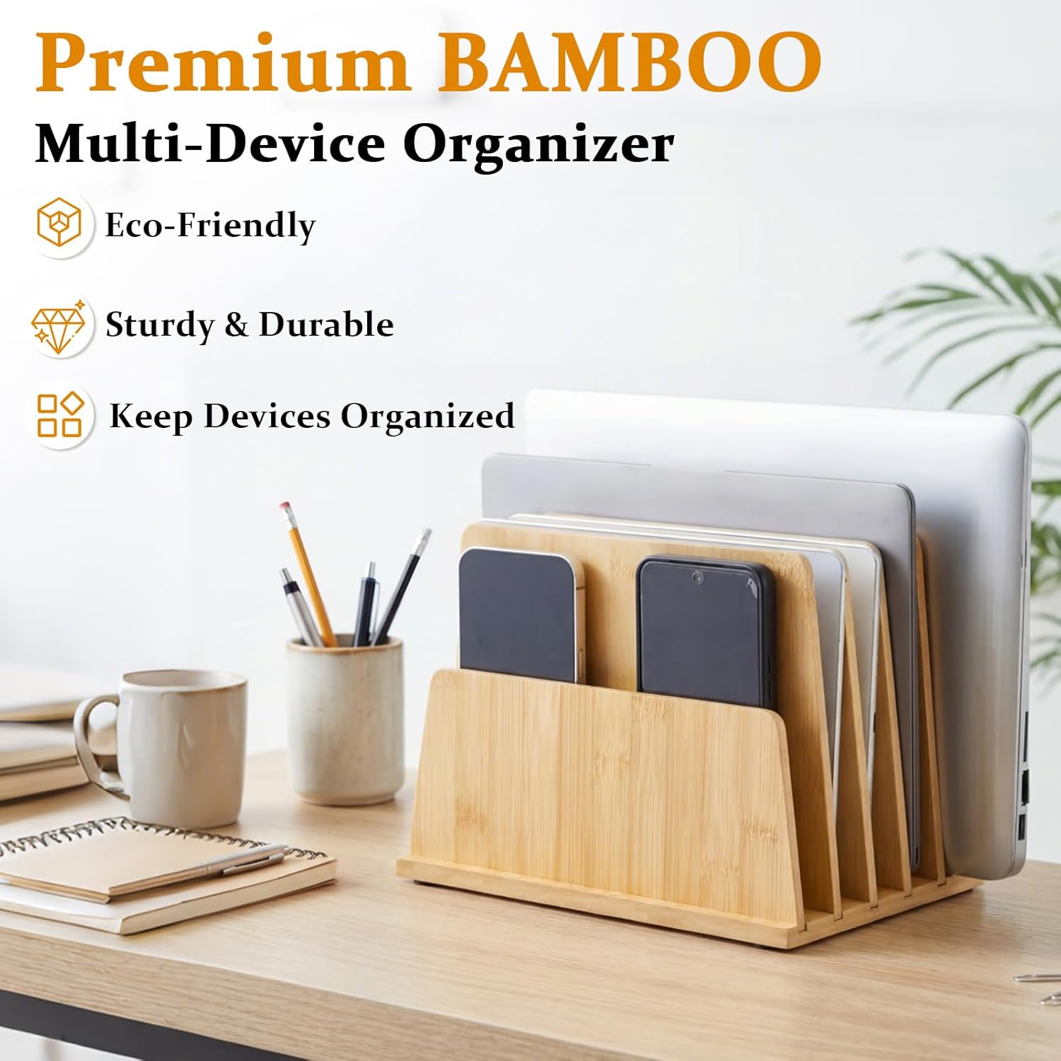 Unittype Bamboo Multi Device Organizer, 5 Slots Vertical Laptop Storage Rack, Computer Charging Station for Smartphones, Tablets and Laptops, Space Saving Organizer for Home Office