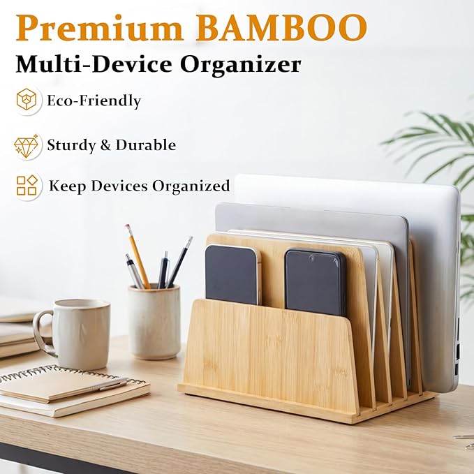 Organizador Multidispositivo Bamboo 5 Ranuras Vertical Soporte Escritorio miniatura 3