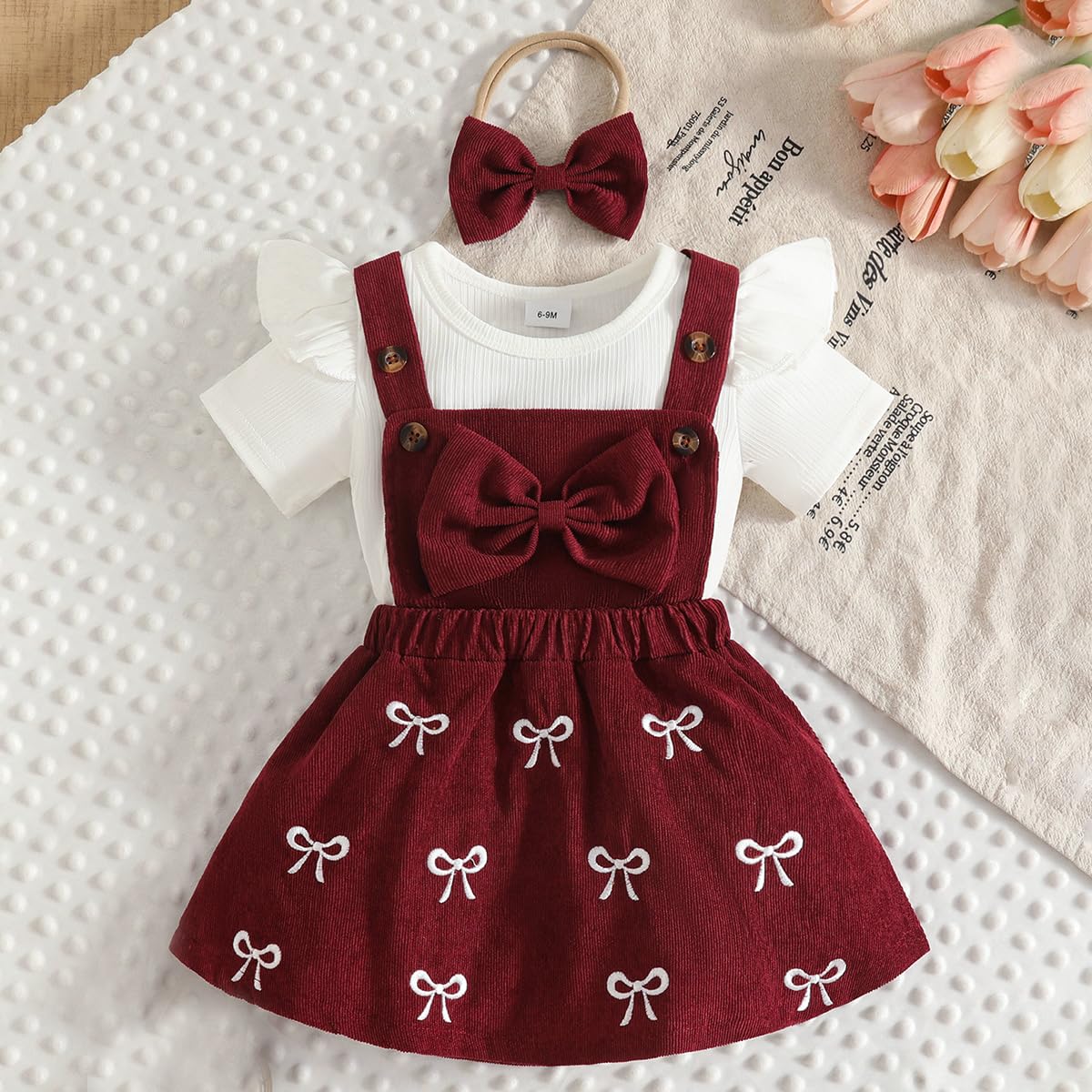 Kleinkind Baby Mädchen Kleidung Kurzarm Tops Cord Schleifenstickerei Trägerrock Sets Baby Outfits