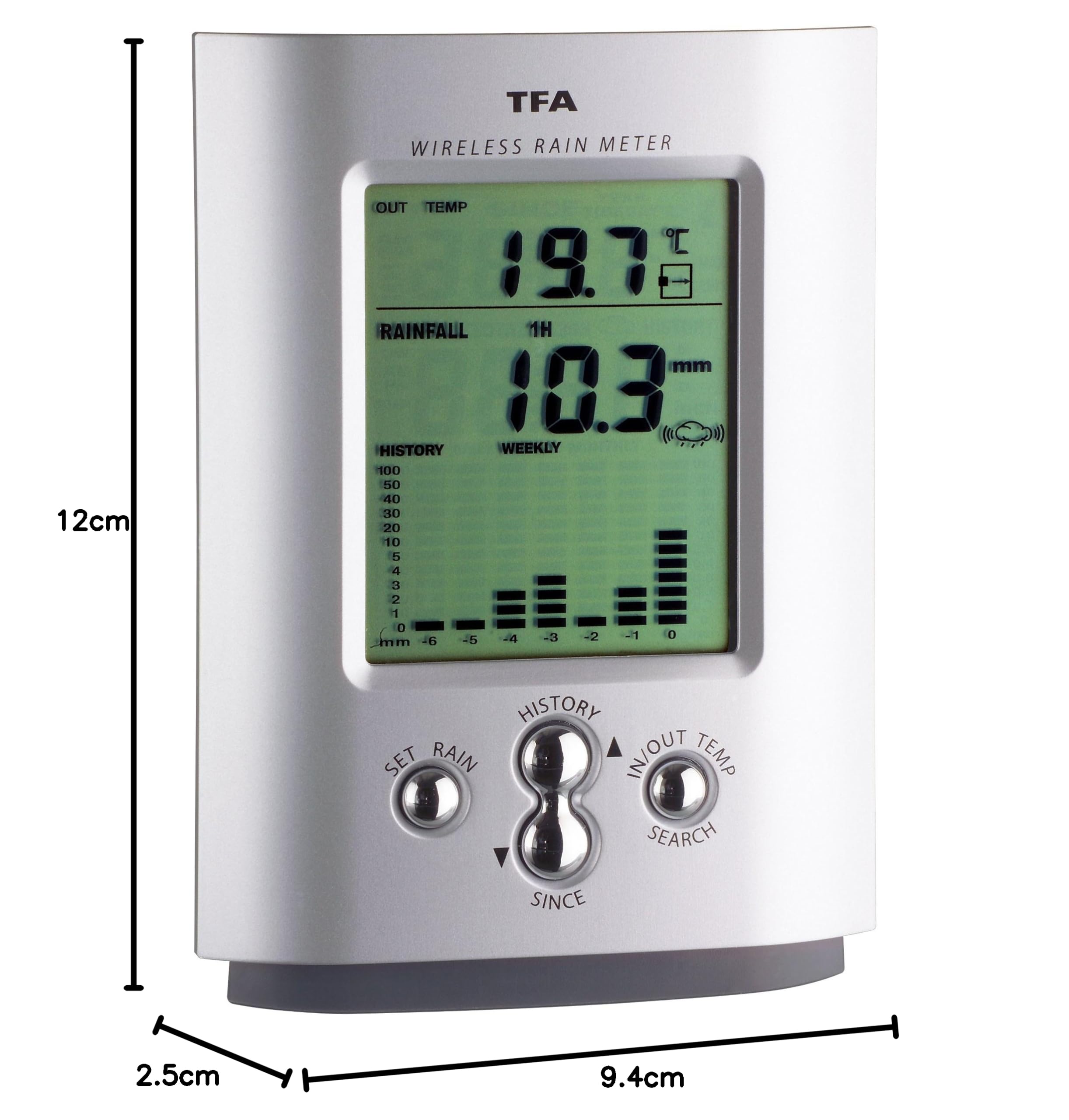TFA Dostmann MonSun digitaler Funk-Regenmesser 47.3003 kabellose Übertragung grau L 94 x B 25 x H 122 mm