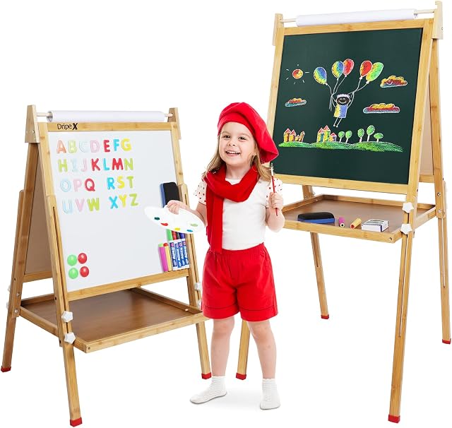 Dripex Kids Easel ,Childrens Bamboo Art Easel with Paper Roll ,Double-Sided Height Adjustable Magnetic Chalkboard Easel ,Kids Painting Blackboard with Other Accessories for Toddler