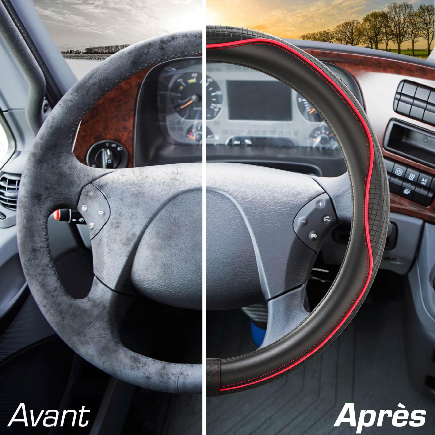 Upgrade4cars Couvre Volant Camion 44-46 cm Noir Rouge Simili Cuir | Housse de Protection Furgon Taille Universel | Accessoires Voiture Decoration Interieur Protege