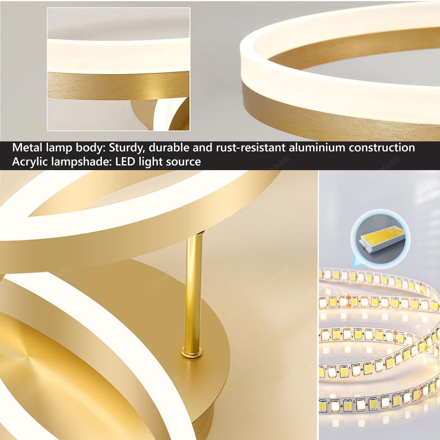 Moderner Led Deckenleuchte Dimmbar Wohnzimmerlampe Verstellbare Runde Deckenlampe mit Fernbedienung 75W 3-Ring Schlafzimmer Decke Licht Bürobeleuchtung für Küche Esszimmer (Gold, L80cm)