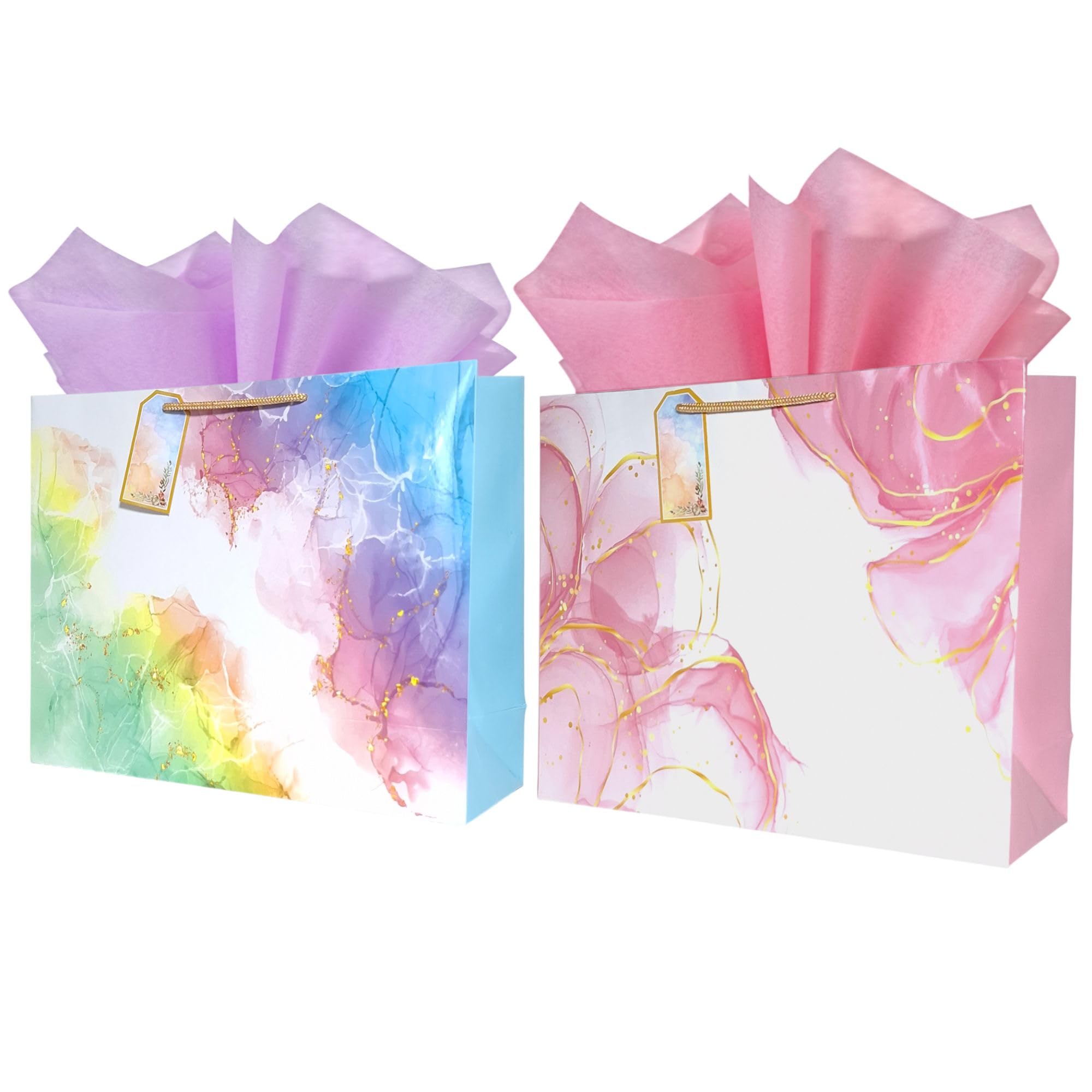 Flora Paperbags Large Paper Gift Bags with Tissue & Tags – Pack of 5 | 12x15x5 inch | Wedding Return Gift Bags, Birthday, Party Favor Bags | Pastel Pink, Purple, Multicolor Marble Design-image-34