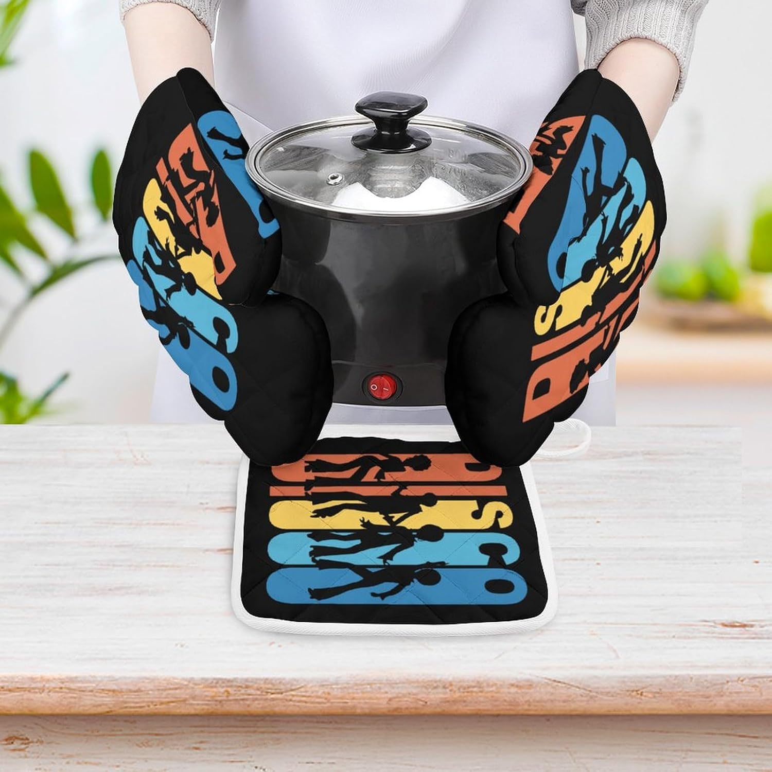 Vintage 1970's Disco Print Oven Mitts and Pot Holders 3 Piece Sets Heat Resistant Gloves Hot Pads Potholders for Kitchen Baking Cooking