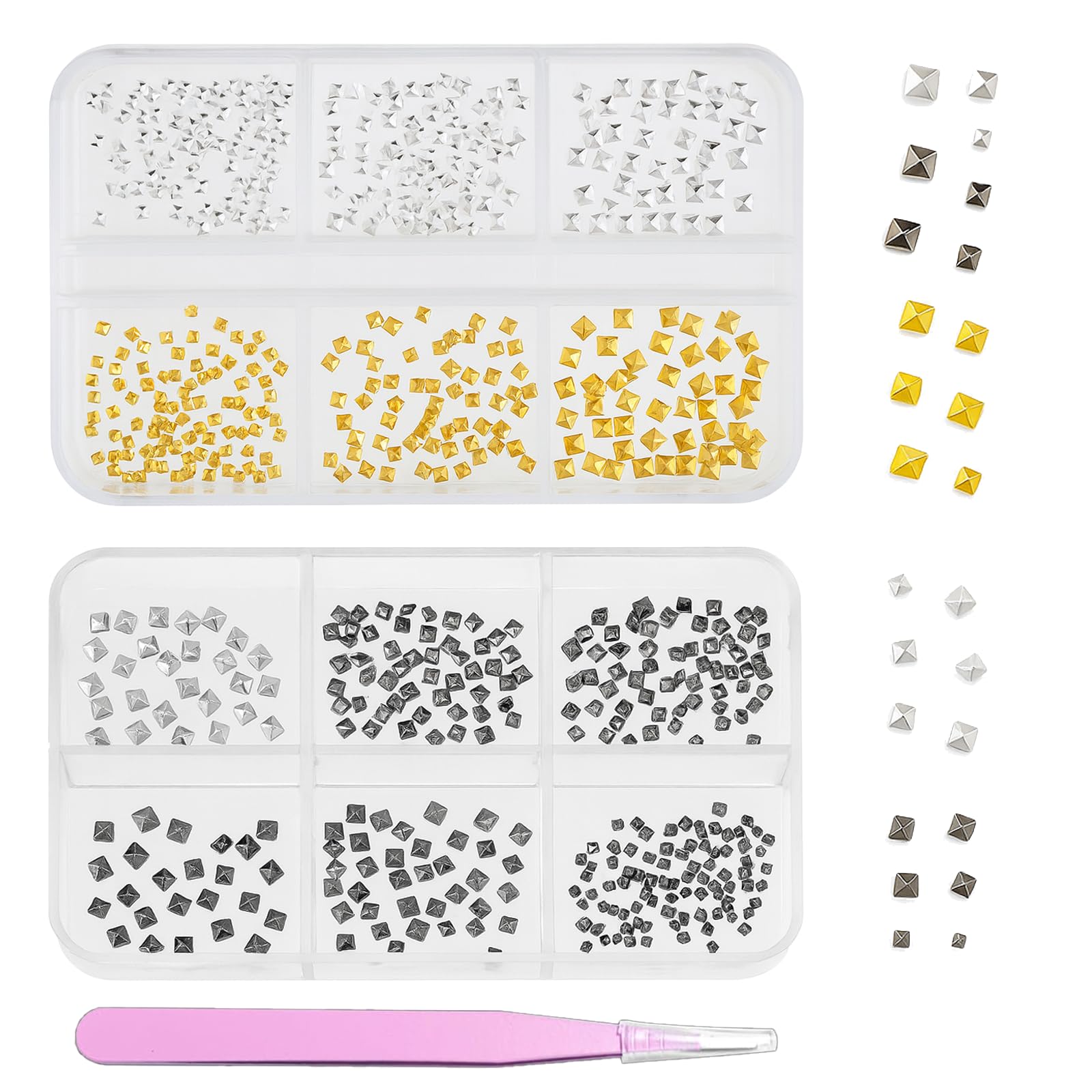 Juego de 2 remaches de metal cuadrados 3D para arte de uñas, color dorado, plateado, gris, 1 mm, 1,5 mm, 2 mm, pequeñas gemas de pincho, suministros para decoración de uñas de gel acrílico
