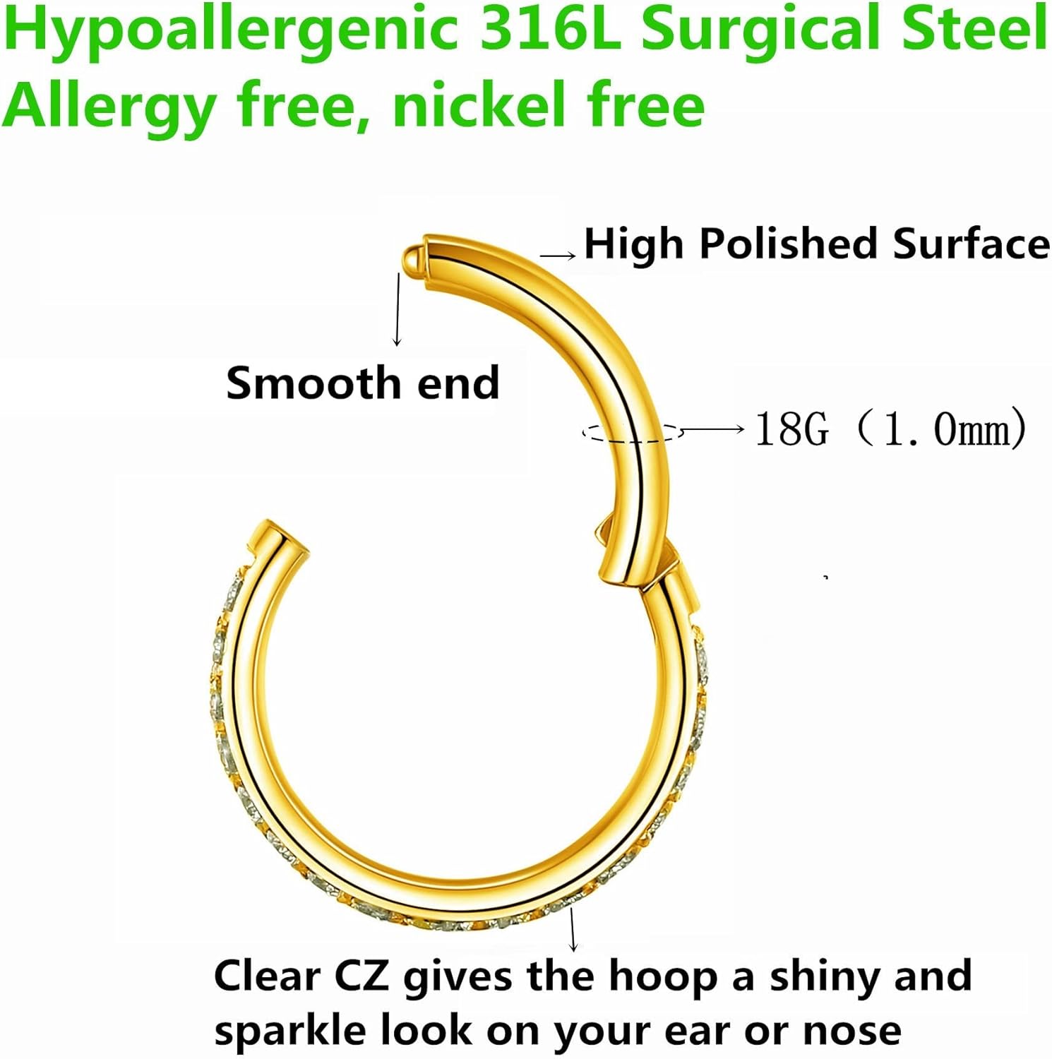 Clear CZ Nose Rings & Earrings - 316L Surgical Steel - Cartilage, Conch, Daith, Helix, Rook, Tragus, Lobe & Snug Body Piercing Jewelry - 20G, 18G - Image 3