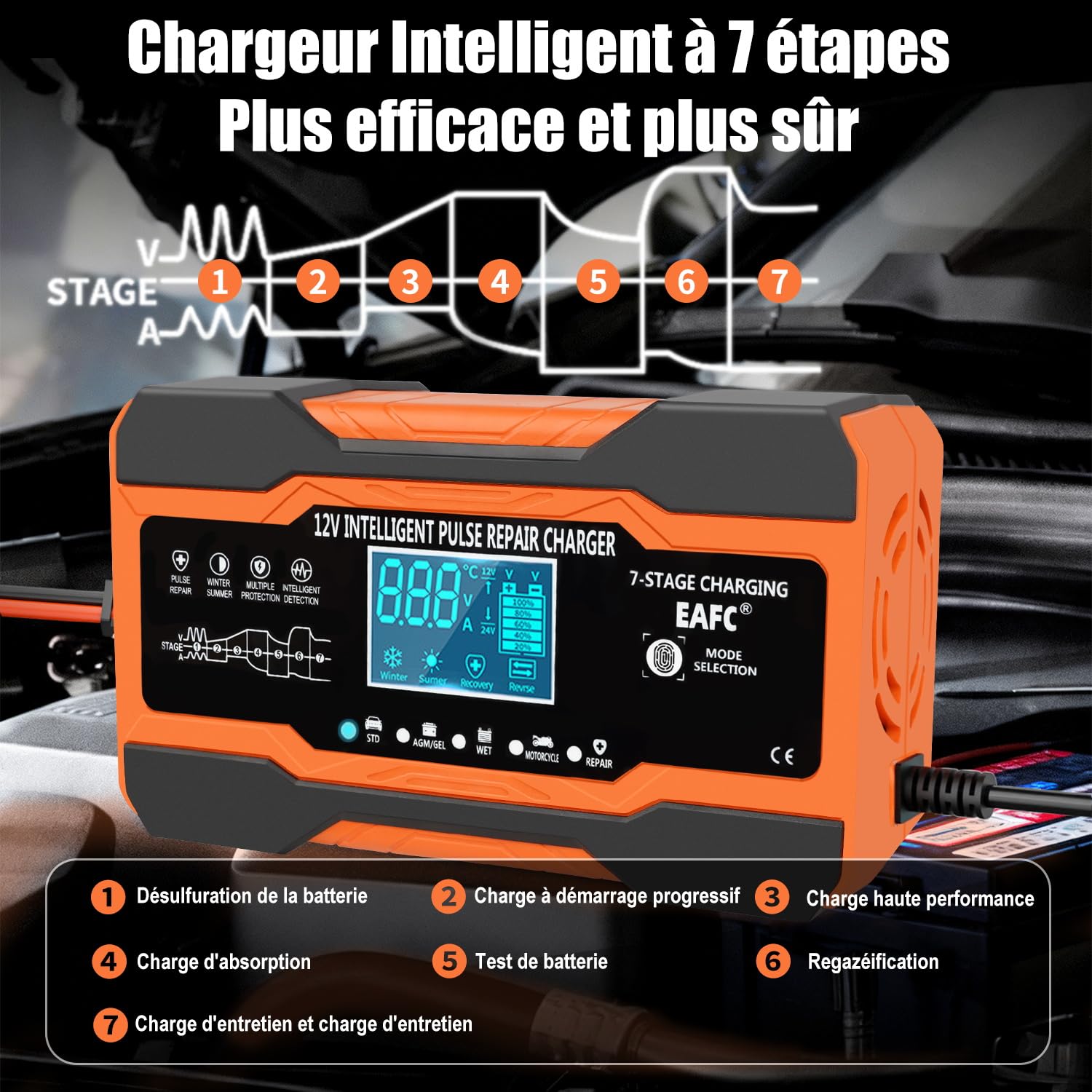 Chargeur de Batterie Voiture 12A 12V Intelligent, Maintien de Charge Batterie Voiture pour Batterie au Plomb, STD, AGM, Gel, SLA, Moto, Câble 2 m, Commande Tactile, Compensation de Température
