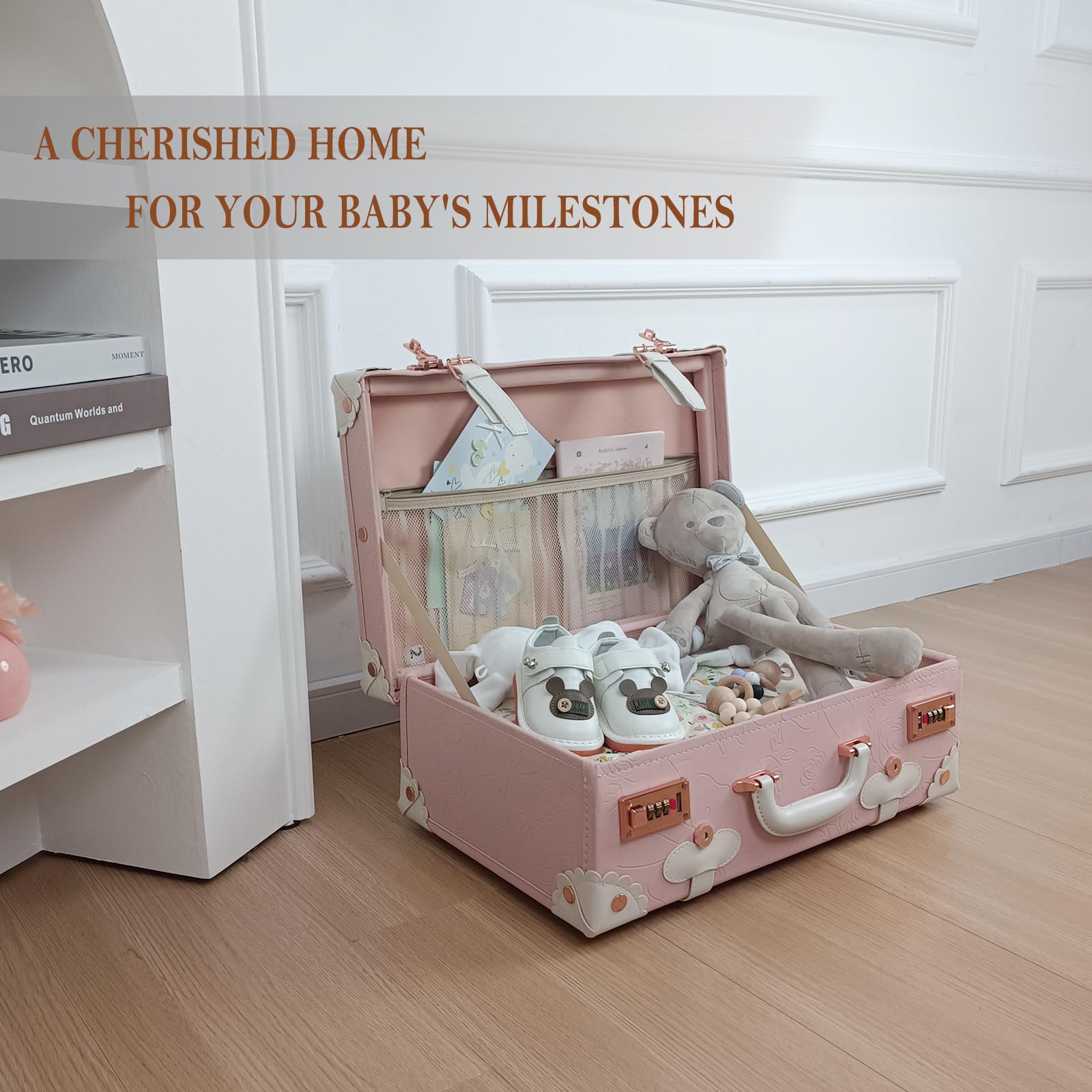 Unitravel Erinnerungskoffer Baby, Vintage Handgefertigte Erinnerungsbox als Geschenkidee für Mädchen (Geprägtes Rosa, 18 Zoll)
