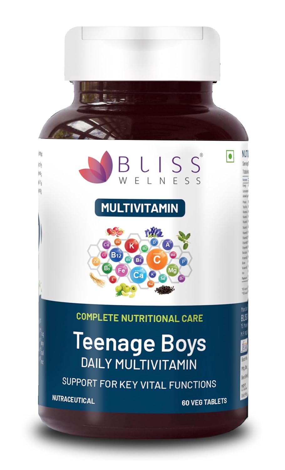 Bliss Welness Multivitamin For Teenage Boy with Minerals, Brahmi, Shankpushpi, Ginkgo Biloba, Ginseng & Ashwagandha for Strength, Stamina, Immunity & Bone/Muscle Health - 60 Tablets - Amazon product rated Grade B