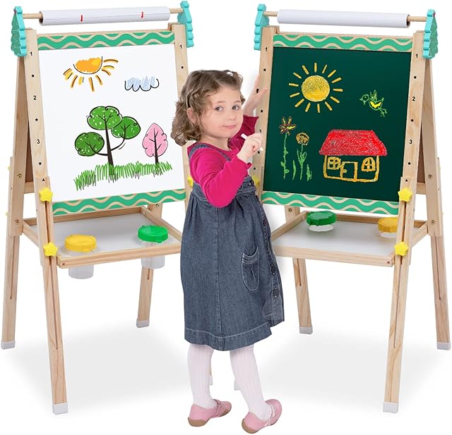 Kids Easel with Paper Roll Double-Sided Whiteboard & Chalkboard Adjustable Standing Easel with Numbers and Other Accessories for Kids and Toddlers
