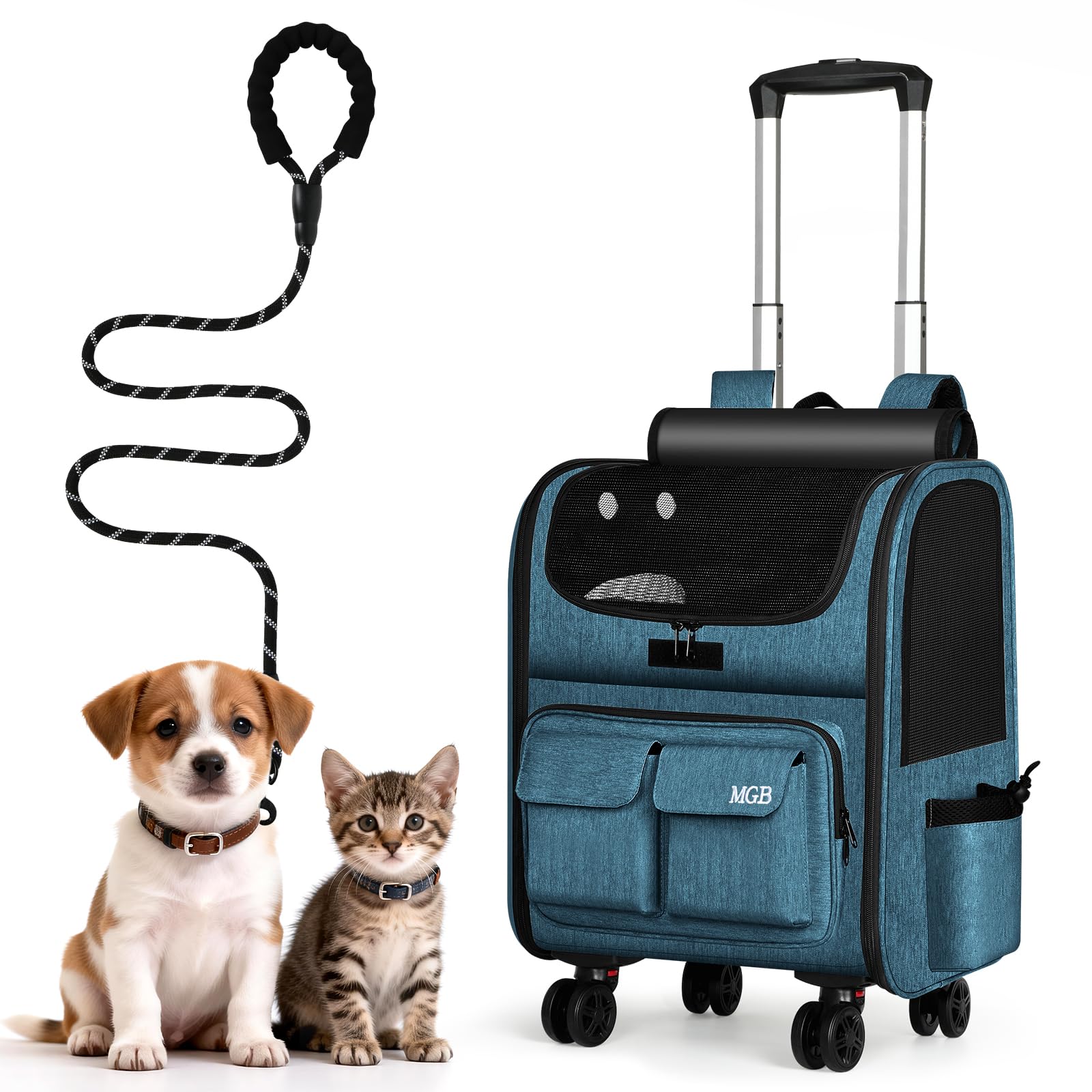 Mochila transportadora para gatos con ruedas, plegable, de lados suaves, para gatos y perros pequeños, malla transpirable con protección solar, portátil para acampar y caminar, color azul