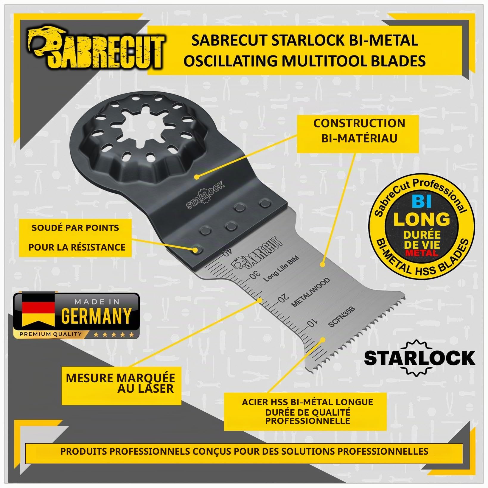 10 x SabreCut SCFNK10 Mix Bimetal (BIM) Lames pour outils multifonctions longue durée compatibles avec Bosch Fein Starlock/Starlock Plus et Starlock Max Système de montage multi-outils et accessoires