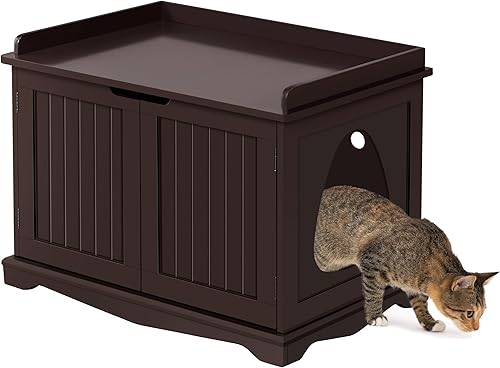 Miniatura 1 de Yaheetech Caja de arena de madera para gatos caja interior para gatos con puertas dobles mesa auxiliar decorativa oculta para mascotas para sala de