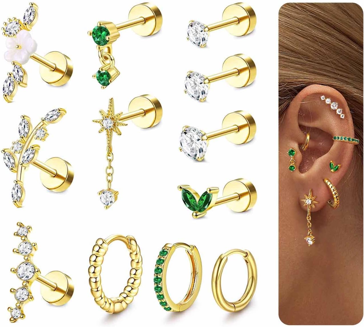 Diamday, 12 paar oorbellen voor dames, chirurgisch stalen