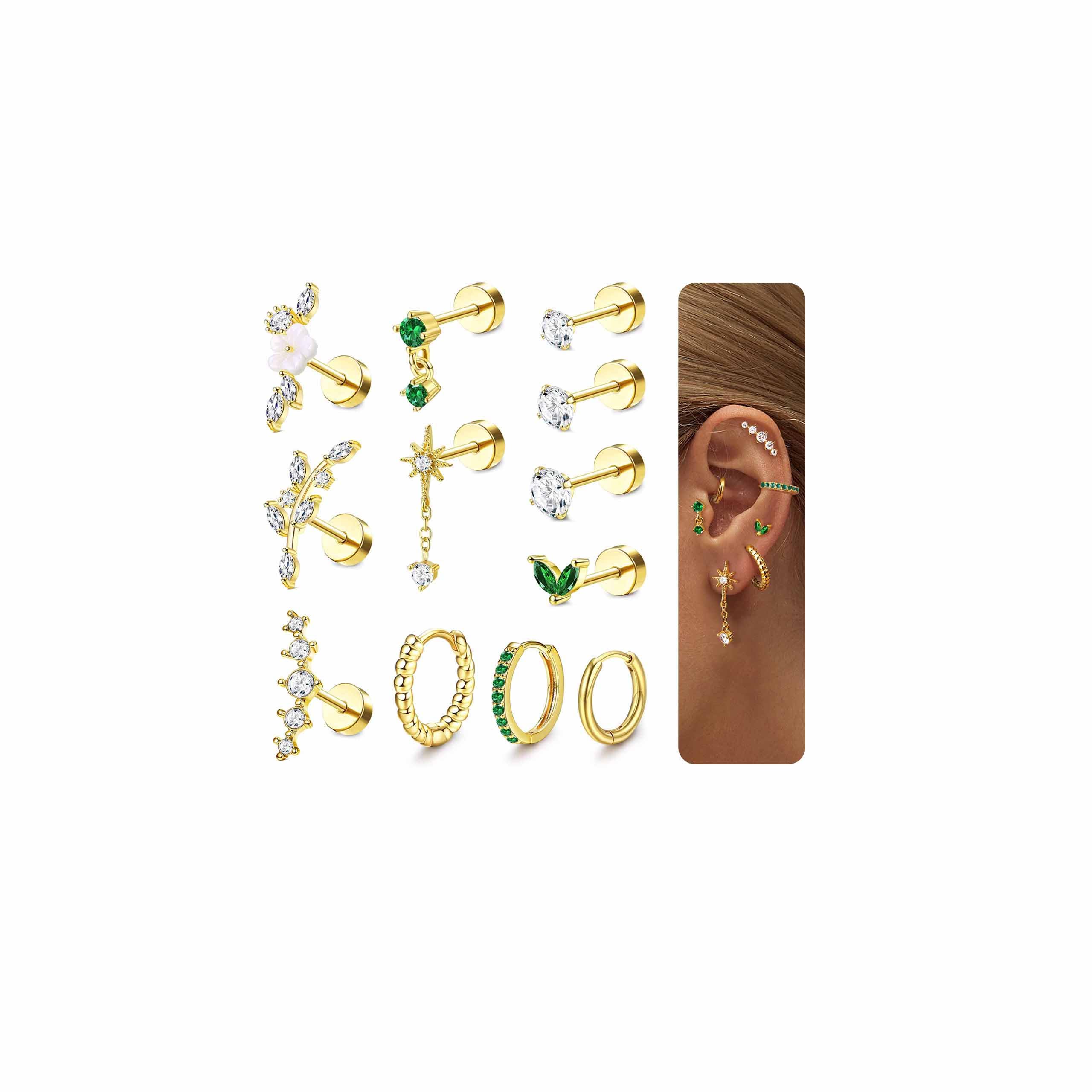 Adramata 12Pcs Helix Piercings Chirurgenstahl Ohrringe Piercing Set CZ Blume Ohr Piercing Ohrstecker Knorpel Ohrringe Damen Klein Ohrringe Creolen Gold Silber Conch Helix Tragus Piercing Ohr Schmuck