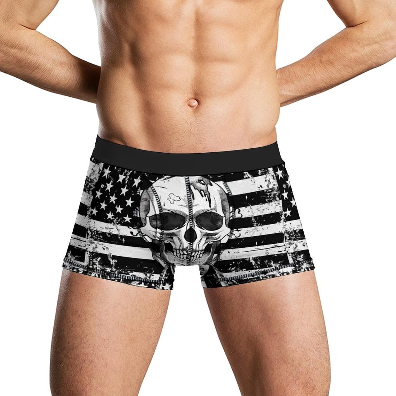 Black White US Flag with Skull Novelty Men's Trunks Soft Breathable Underwear Patterned Stretch Briefs