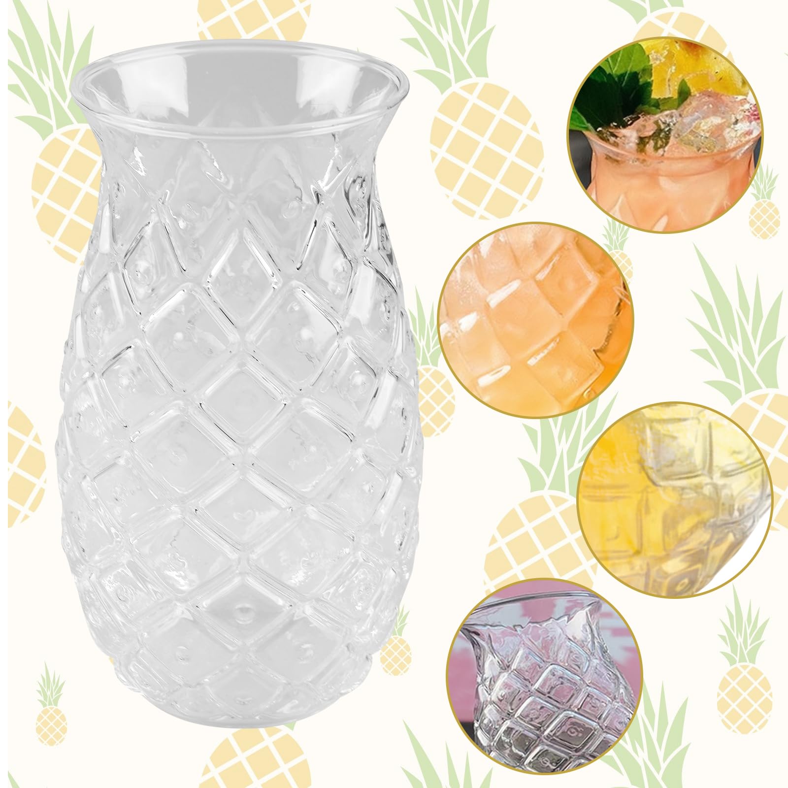 Set di 4 bicchieri di ananas: 400 ml, trasparenti da cocktail con rilievo di ananas, riutilizzabili, per feste, succhi di frutta, long drink, a forma di ananas, perfetti per casa, ristoranti e