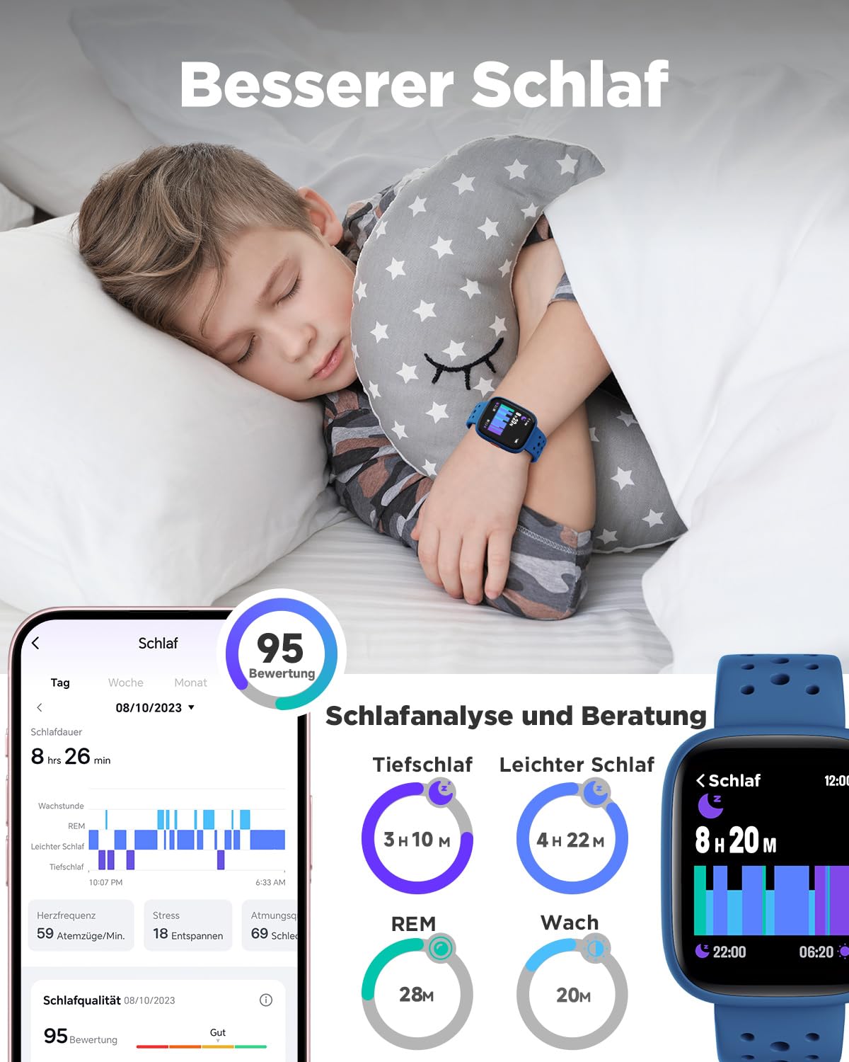 BIGGERFIVE Smartwatch Kinder, 1,8" Fitness Uhr Schrittzähler, 24/7 Puls, Schlafmonitor, Vibrationsalarm, IP68 Wasserdicht, Puzzlespiele mit/ohne App, für Mädchen Jungen Teens 5–16, Blau