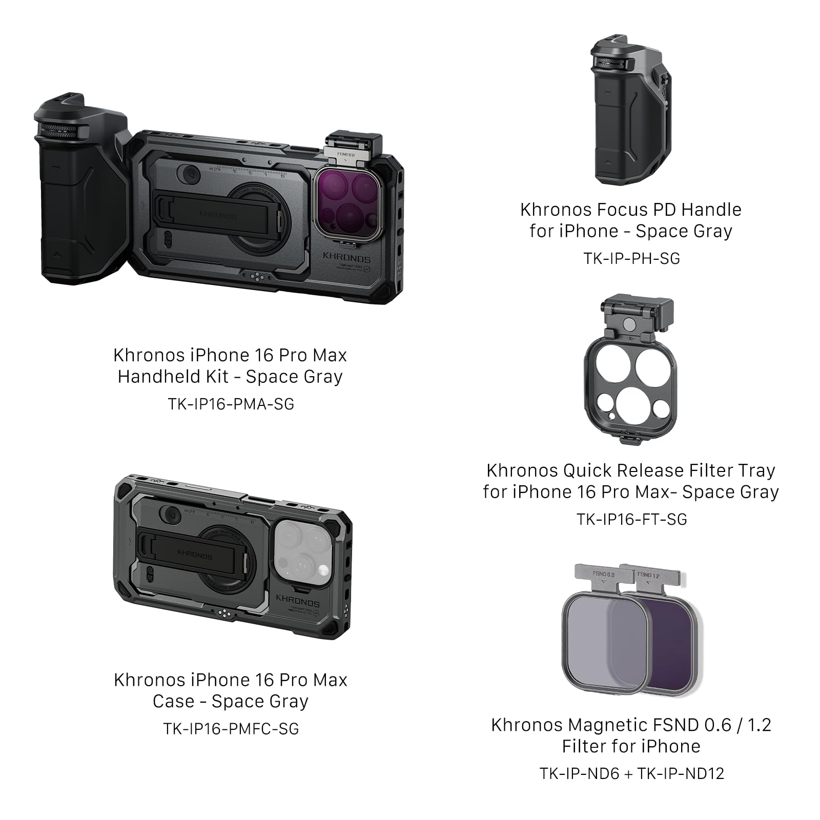 Tilta Khronos TK-IP16-PMA-SG Cage de téléphone compatible avec iPhone 16 Pro Max avec poignée Focus PD, plateau de filtre à dégagement rapide et kit portable de filtre FSND magnétique – Gris sidéral