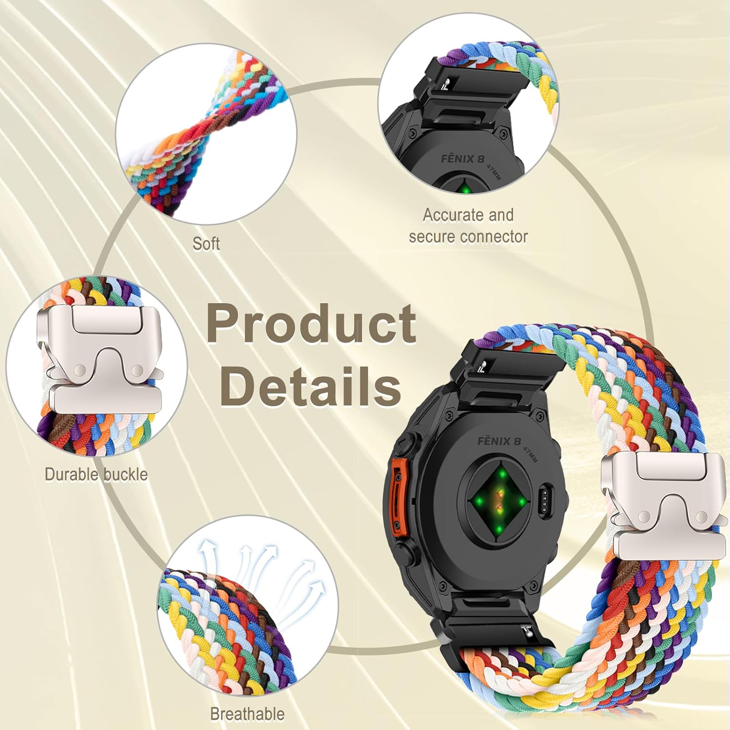 Nylon Band for 47mm of Garmin Fenix E/Fenix 8 Pro/Tactix 8/Quatix 8/D2 Mach 2, 22mm QuickFit Stretchy Braided Nylon Sport Strap for Garmin Quatix 7 Pro/6/6 Titanium, Descent G2 - Rainbow - Image 3