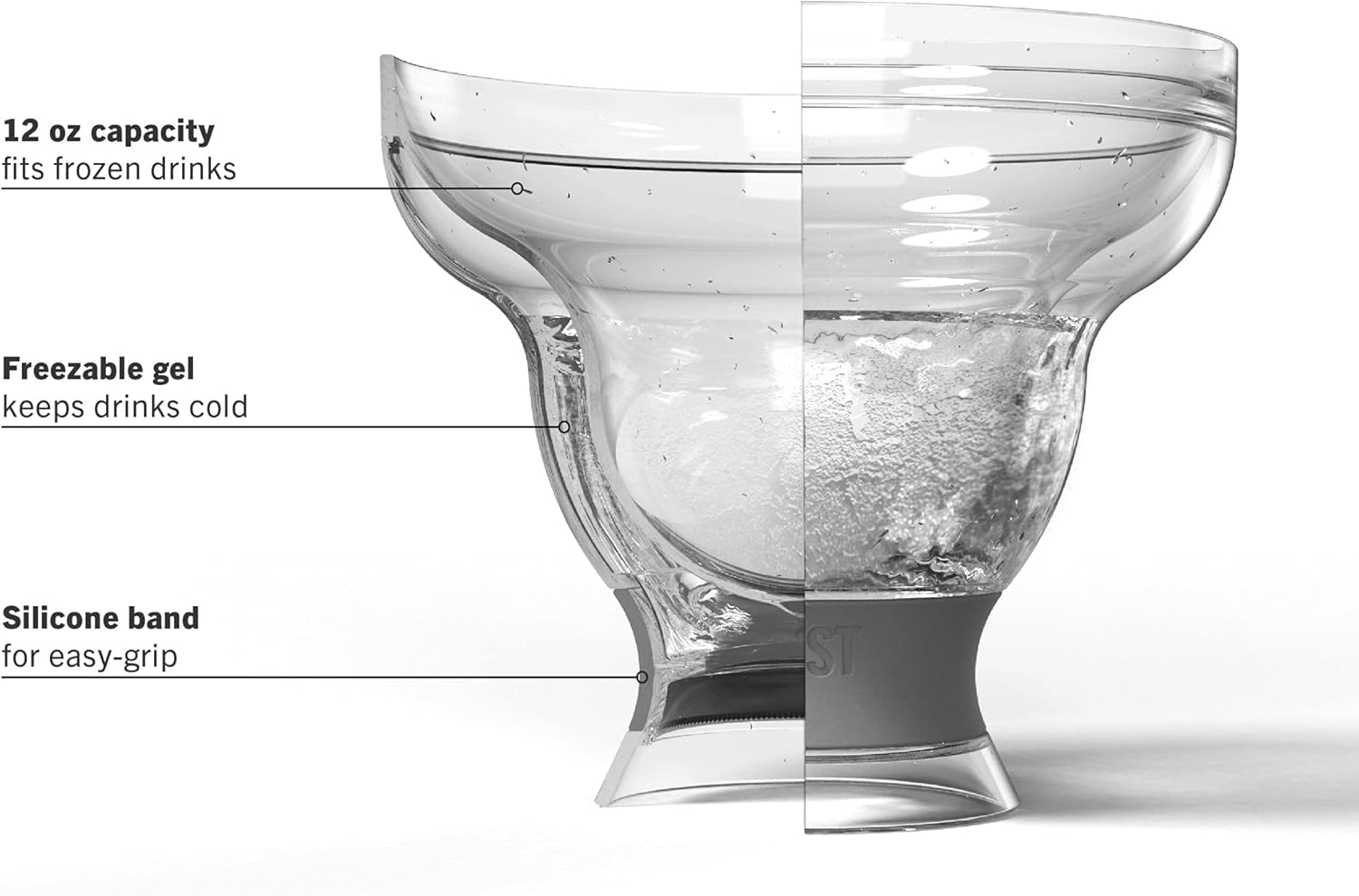 HOST FREEZE Plastic Margarita Glasses, Insulated Cocktail Glasses for Slush Drinks and Frozen Cocktails, Margarita Cups for Cocktail Party, Home Bar Gifts for Women, 12 oz, Set of 4, Grey