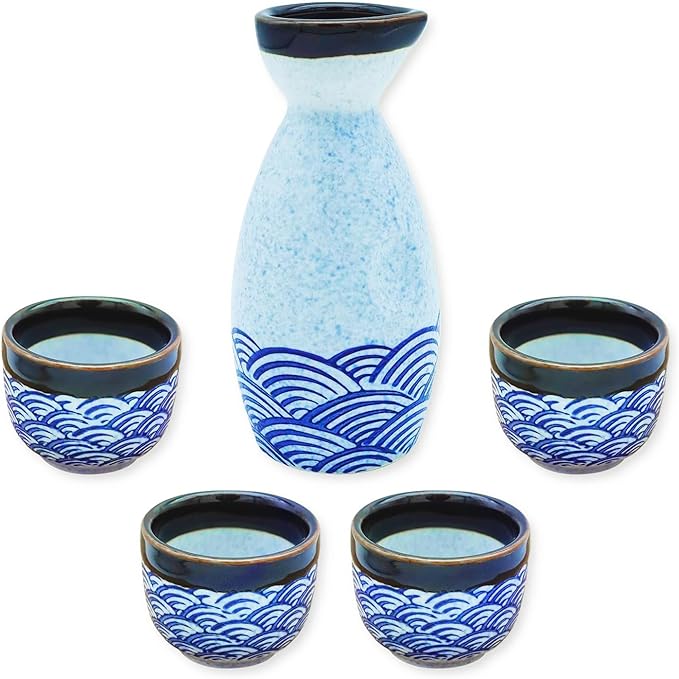 Porcelain Japanese Sake Set, Ceramic Bottle and Cups for Sake, Dishwasher & Microwave Safe, Blue Wave Pattern, 1 Sake Bottle and 4 Sake Cups