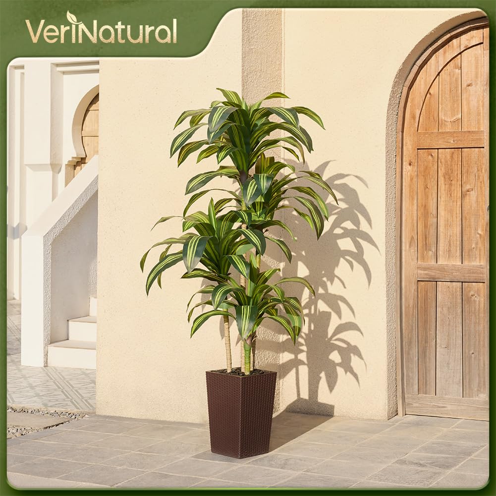 VeriNatural Künstlicher Drachenbaum 180 cm Kunstpflanzen Groß - UV-beständige künstliche Pflanze mit 96 Blättern, Braun Topf & Flusssteinen - Deko Pflanze für Wohnzimmer Büro Indoor Outdoor, VN127 | Kunstpflanzen Groß mit 76 Blättern & Flusssteinen Deko K