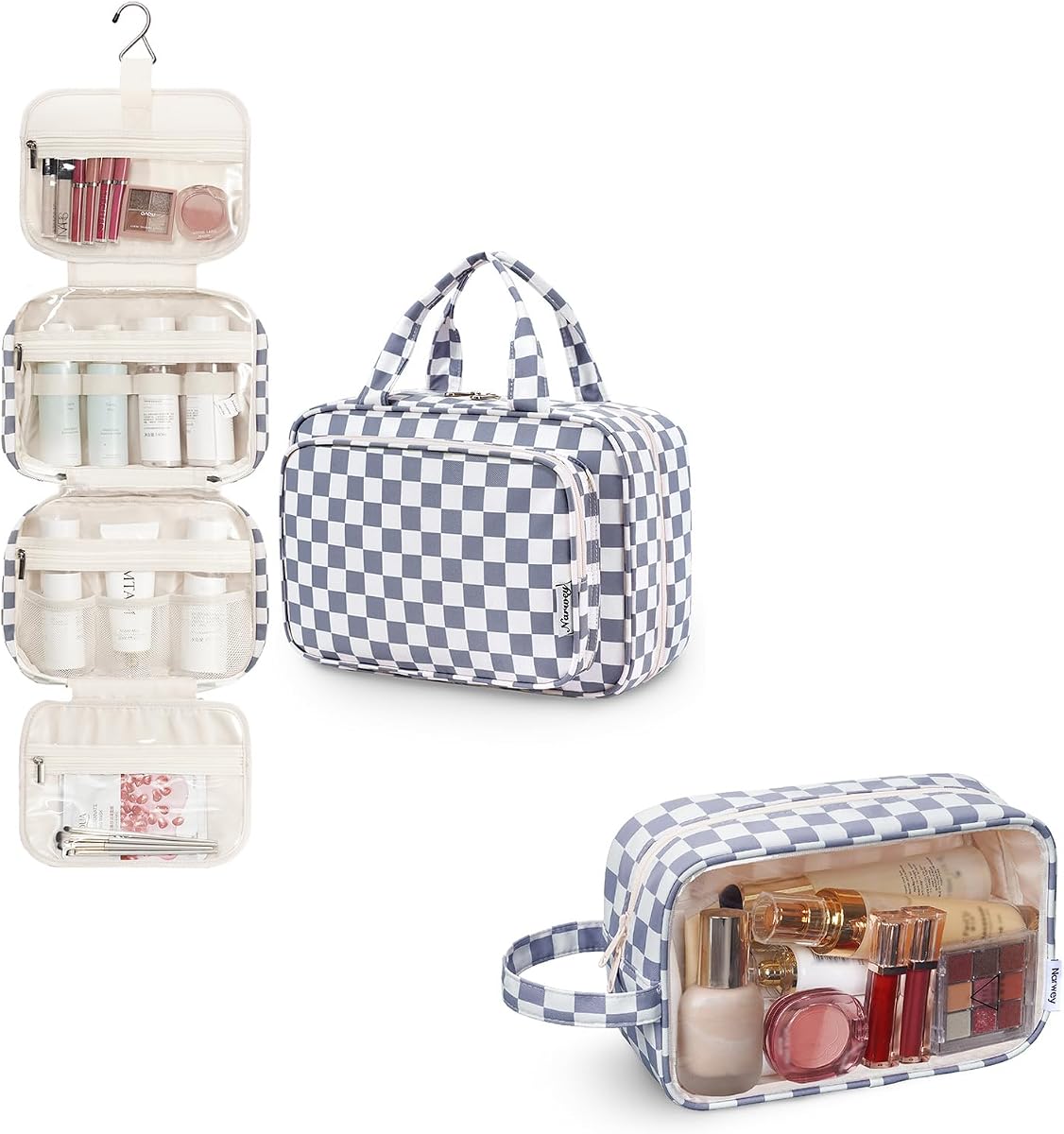 Narwey Neceser colgante a cuadros con bolsa de maquillaje transparente