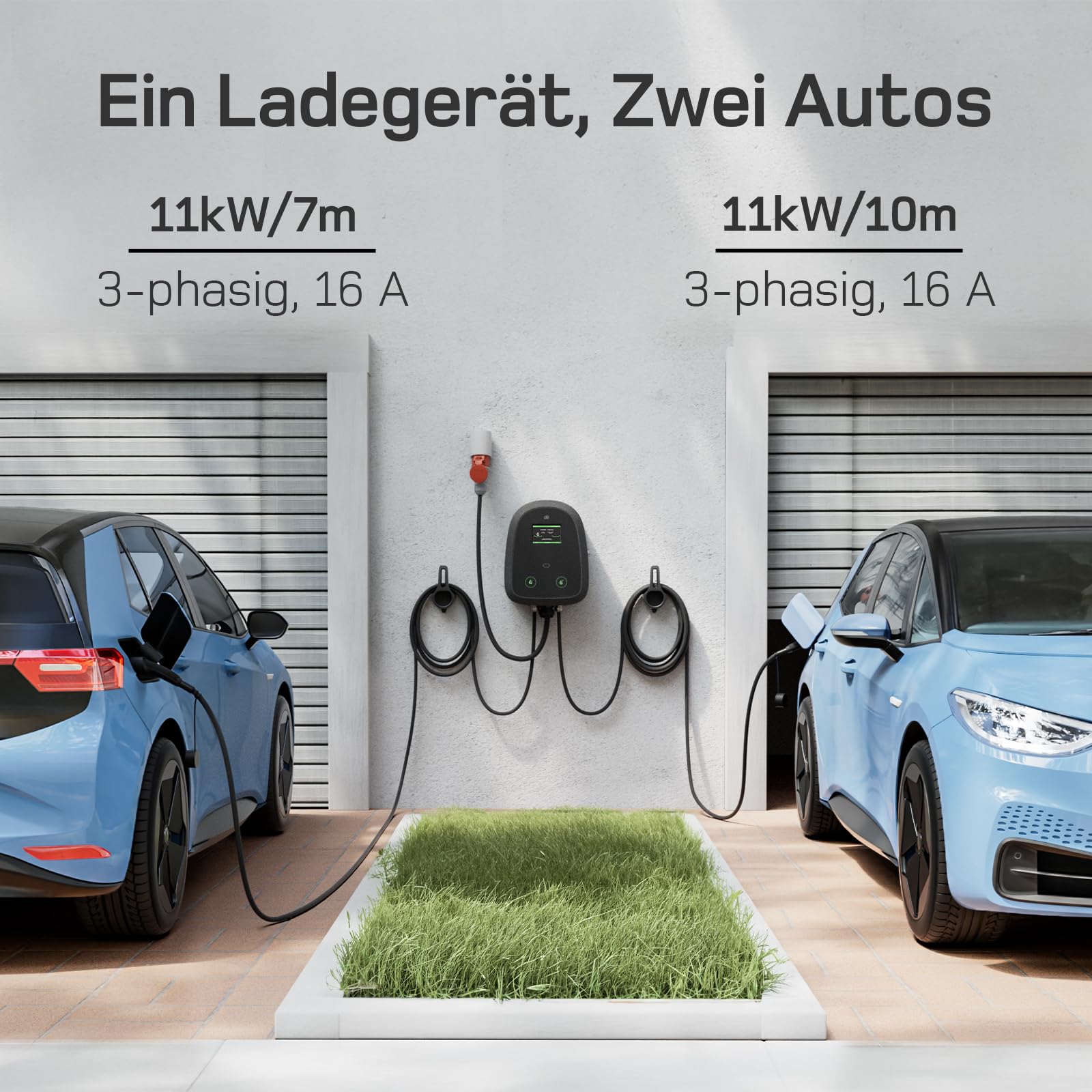 dé Duo Wallbox 2×11kW [7m+10m, 2×16A, 3-Phasen] Wallbox 11kW mit App mit Dual Typ 2 Ladekabel, Ladestation 11kW mit RFID zur Doppelladung, Dual Wallbox 11kW mit RCD Typ A, IP54 Schutz für BEV/PHEV