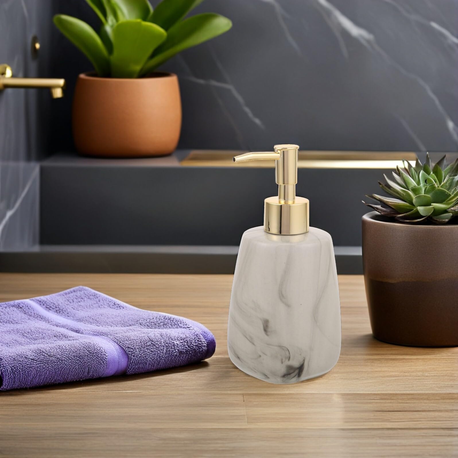 Didiseaon Dispensador de Jabón de Cerámica Estampado Mármol, Botella Cuadrada de 350 Ml para Baño y Cocina, Dispensador Líquido Recargable para Gel, Champú y Loción, Diseño Moderno