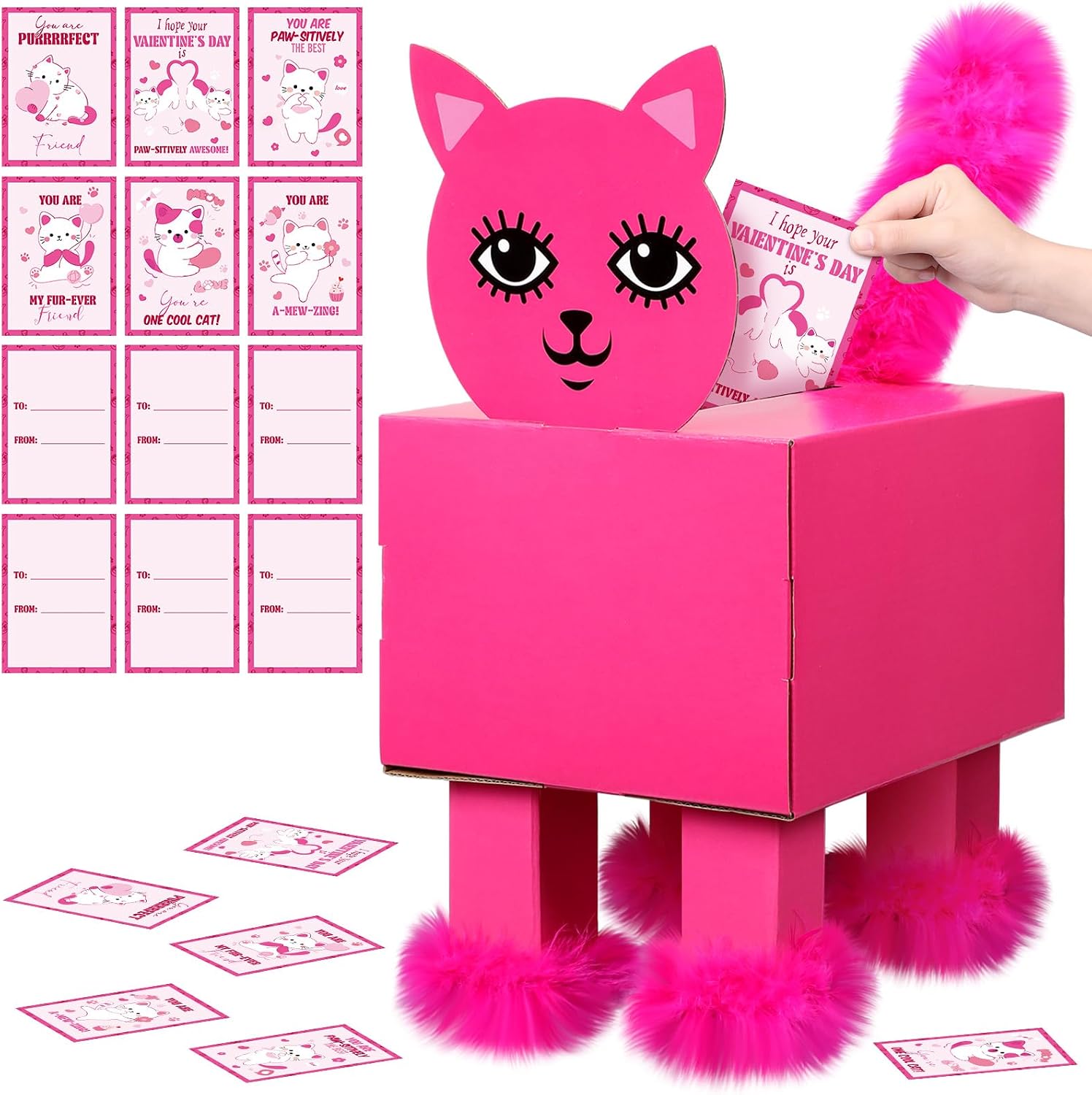 Eaasty Pink Kitty Valentine Boxes for Kids DIY Valentines Day Mailbox Kits with 32 Cute Kitty Valentine Cards for Boys Girls Toddlers School Class Classroom Gifts Exchange & Greeting Craft Party Favor