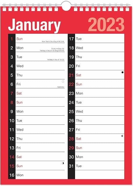 ARTH Calendar 2023 A4 Large 2 Column Month to View Spiral Bound Wall Planner Red and Black Canender