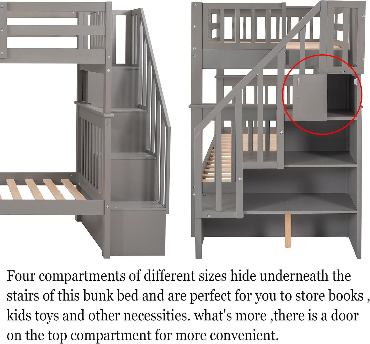 Harper & Bright Designs Stairway Bunk Bed with Storage Shelves, Twin Over Twin Wooden Bunk Bed Frame with Full-Length Fence, Convertable Bunk Beds for Kids, Teens, Adults, Gray