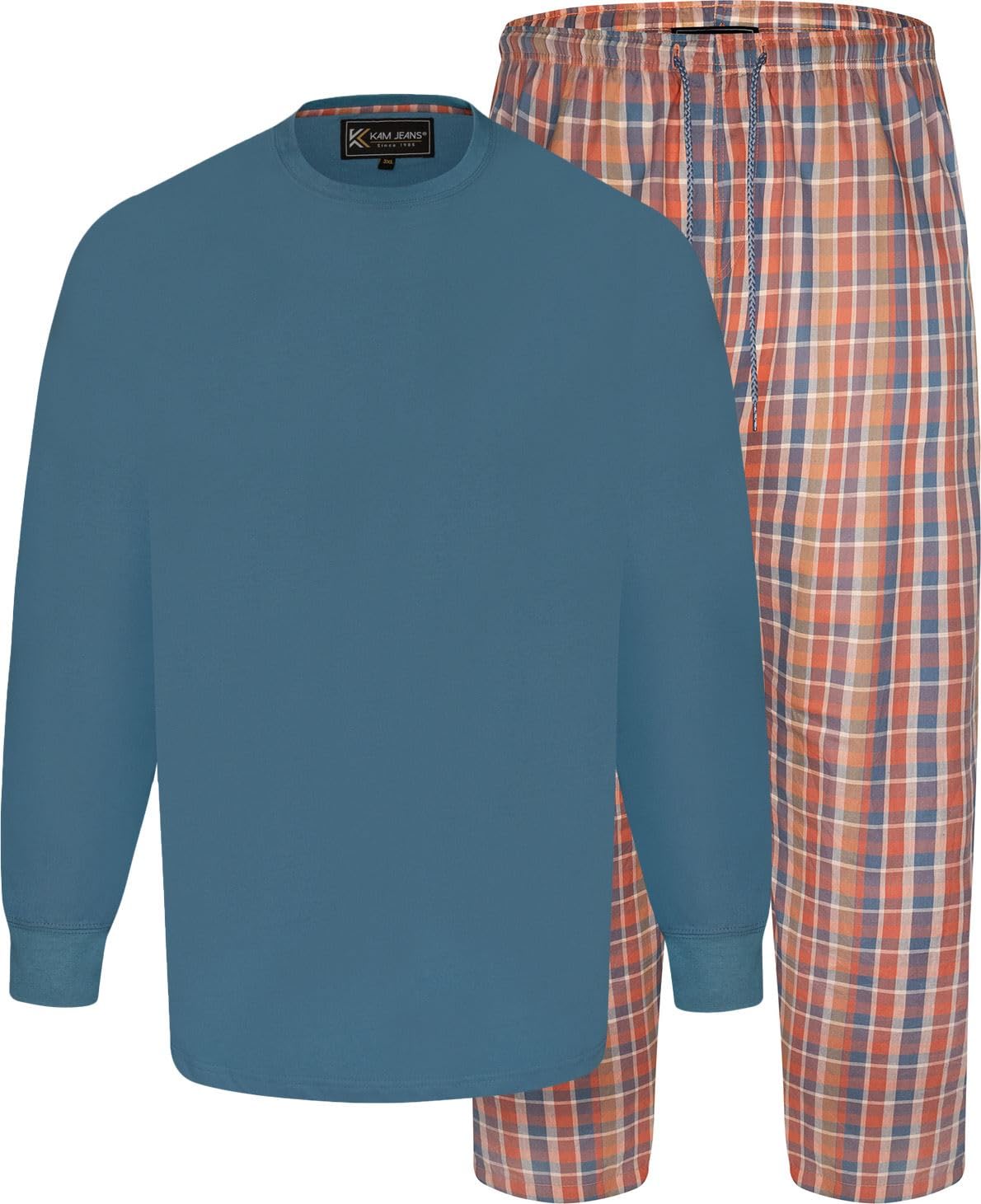 Kam Men's Blue Jeanswear Long Sleeve Tee With Checked Pant Pyjama Set - 8XL