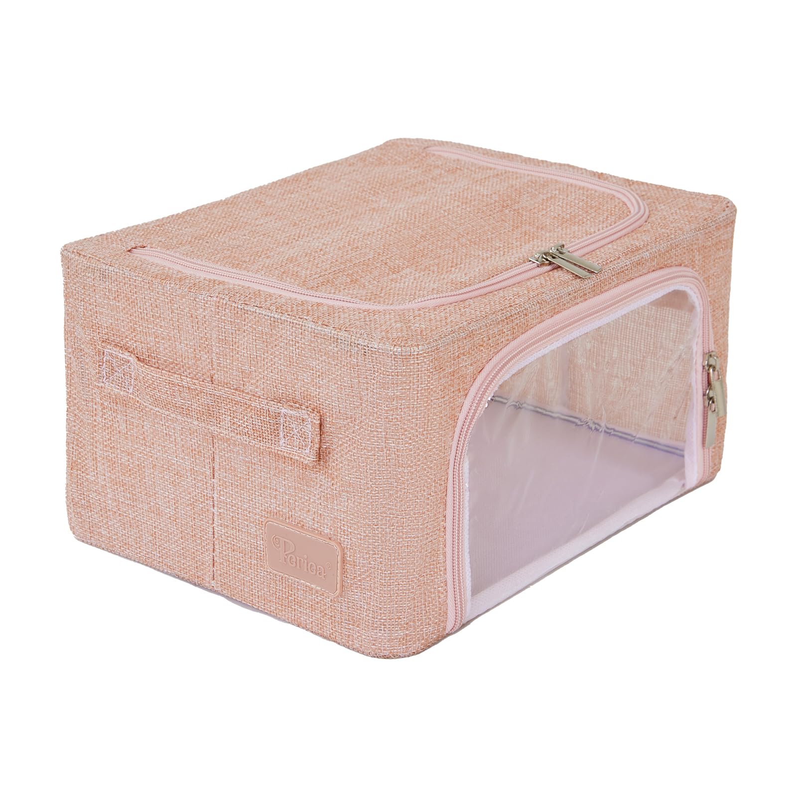 Periea ‘Beau’ Folding Collapsible Stackable Fabric Home Storage Boxes with Steel Frames (Light Pink Hemp, Compact)