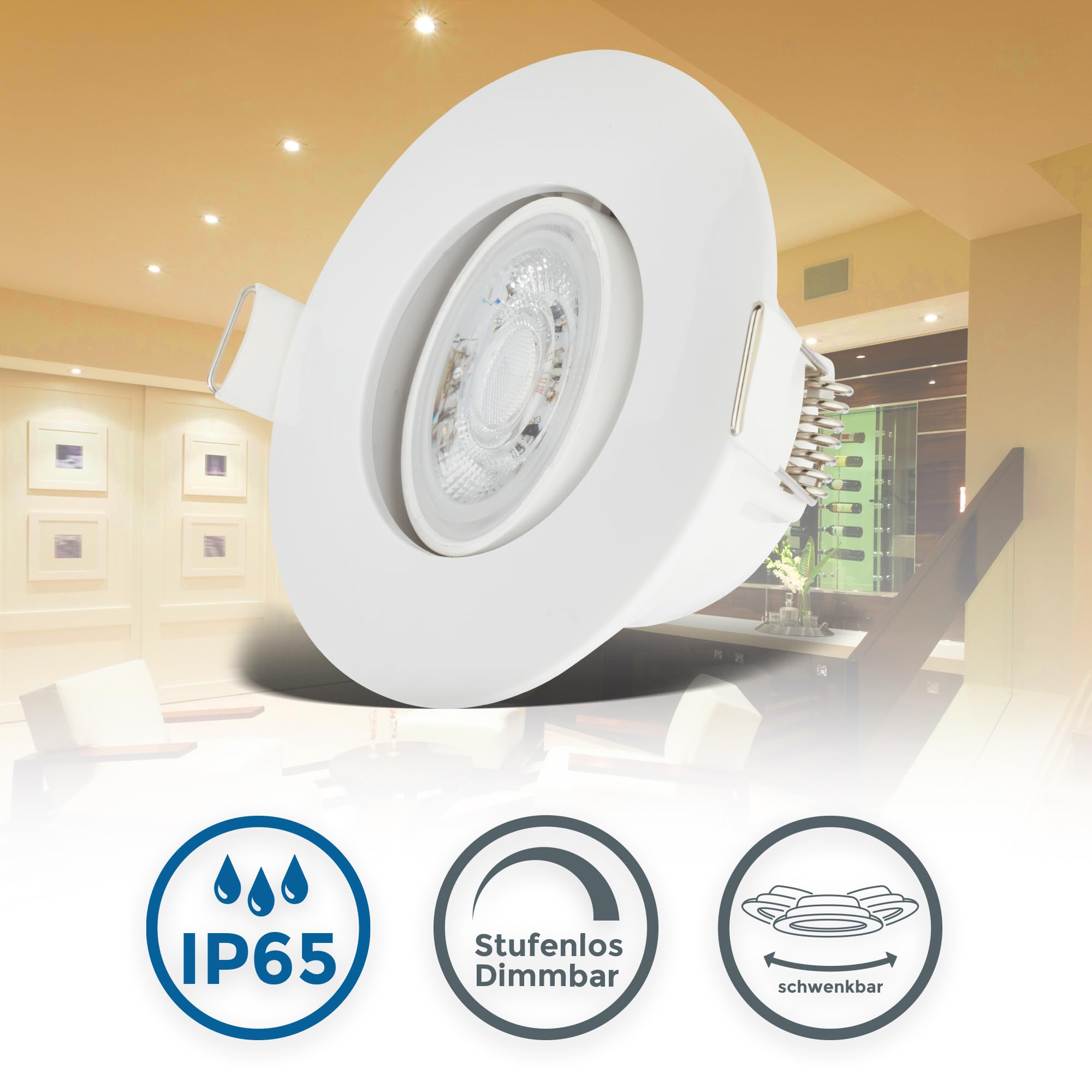 B.K.Licht - 5er Set LED Einbaustrahler 230V, schwenkbarer LED Strahler für das Badezimmer IP65, Deckenstrahler stufenlos dimmbar, Spots, Deckenspots, Badezimmerlampe, Weiß, 90x42 mm (DxH)