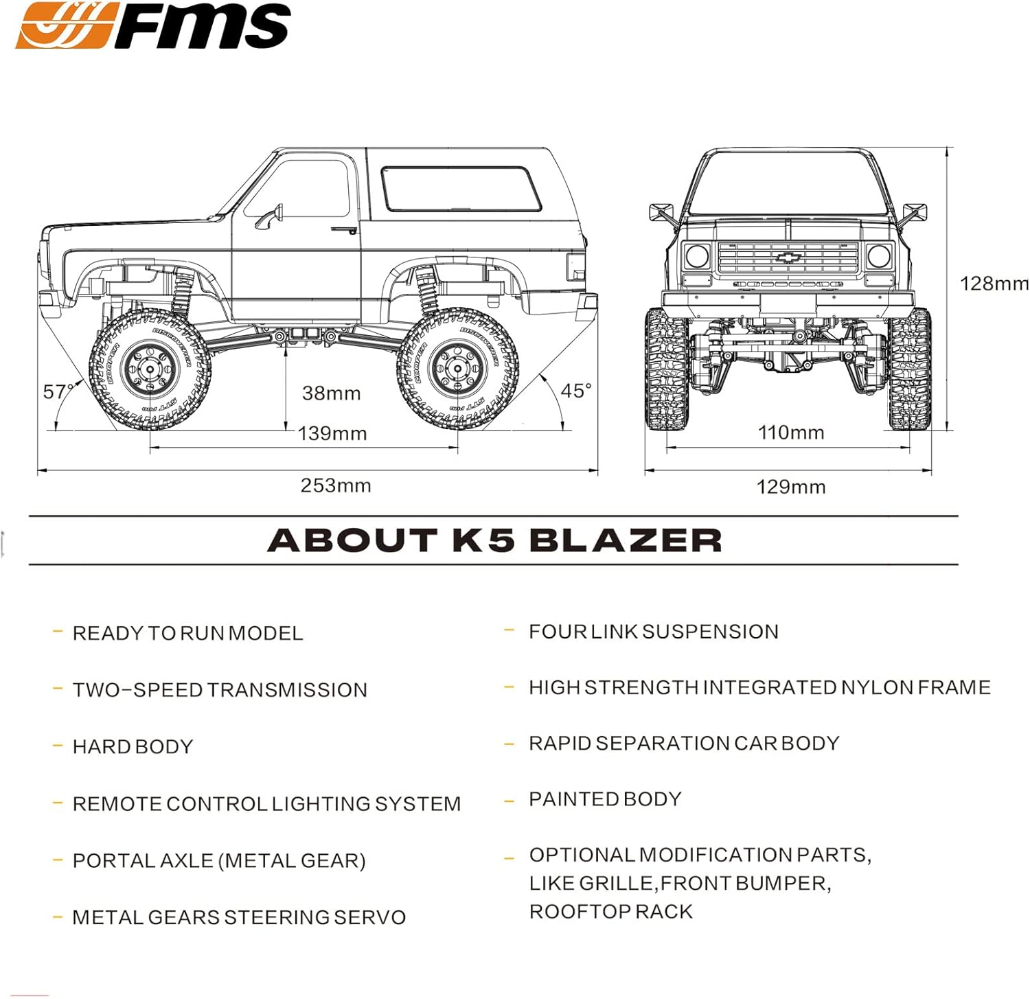 FMS FCX24 1/24 RC Crawler Chevy K5 Blazer Officially Licensed, Mini RC Car Pick Up Truck and SUV 2 in 1, 4WD 8km/h 2 Speeds Switch,Off-Road 4x4 RC Model with LED Lights for Adults and Beginner(Brown)