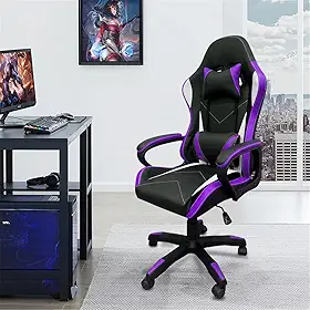 Cadeira de jogos com encosto alto, apoios de braços fixos em quatro pontos, altura ajustável (Roxo)