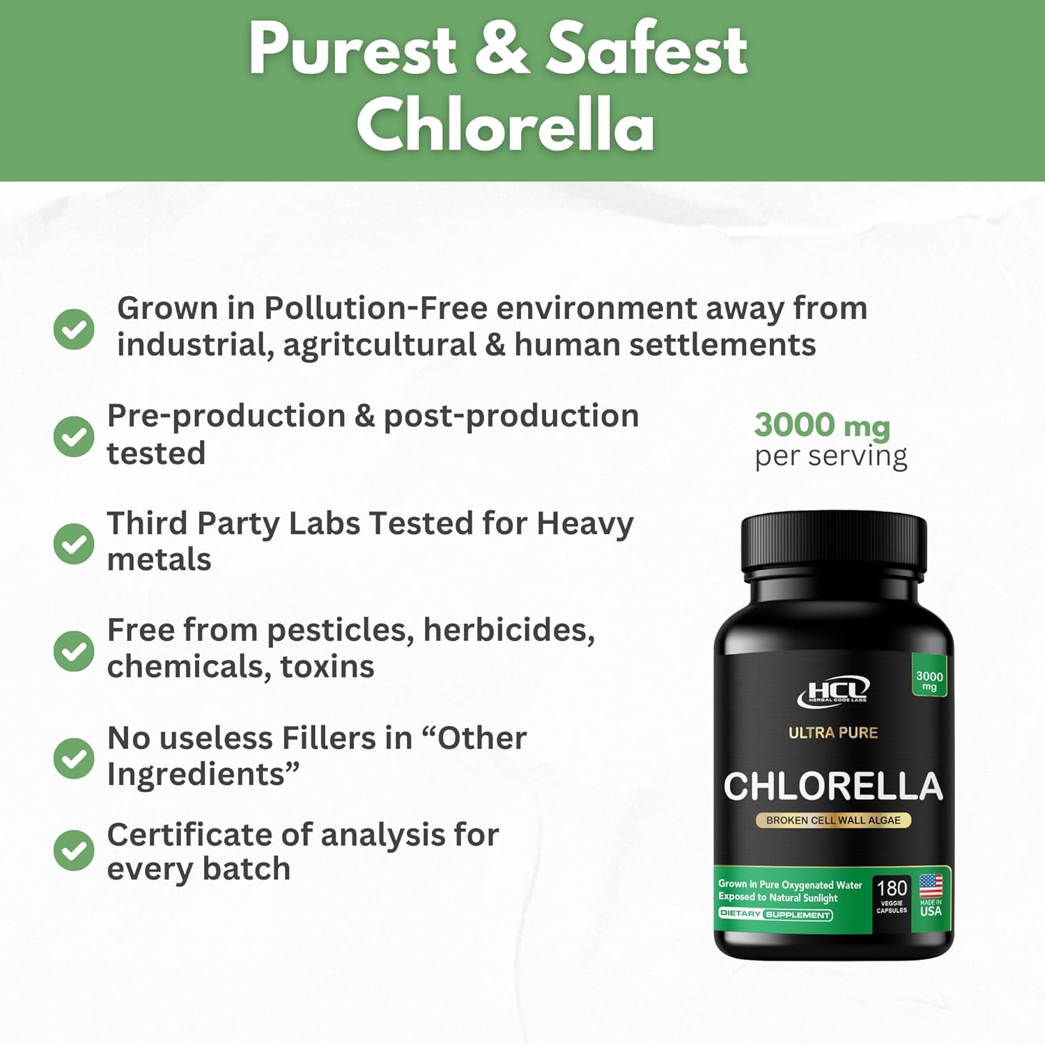 Chlorella Capsules 3000 mg - Cracked Cell Wall Blue Green Algae Supplement - Best Natural Detox Cleanse - Plant Vitamins Minerals Chlorophyll Vegan Protein Powder Pills - Made in USA - Image 6