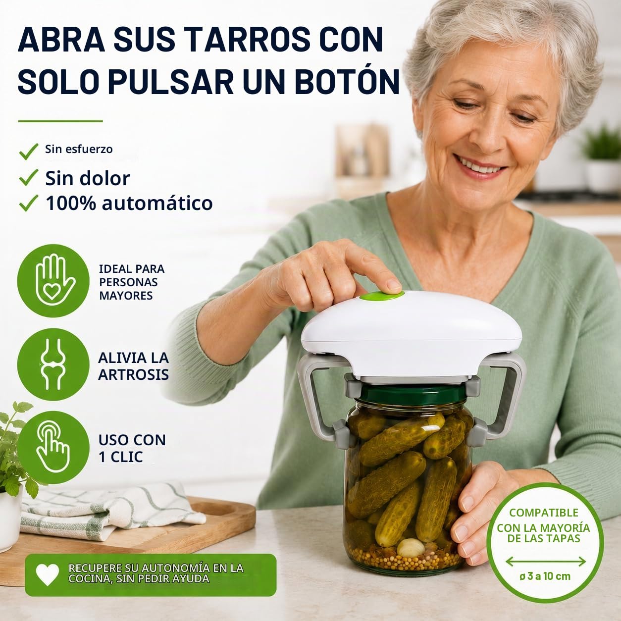 Abridor de frascos eléctrico automático ONE TOUCH KC12 – Función manos libres para personas mayores y personas con artritis – Utensilio de cocina ergonómico y fácil de usar – Un solo botón – Blanco