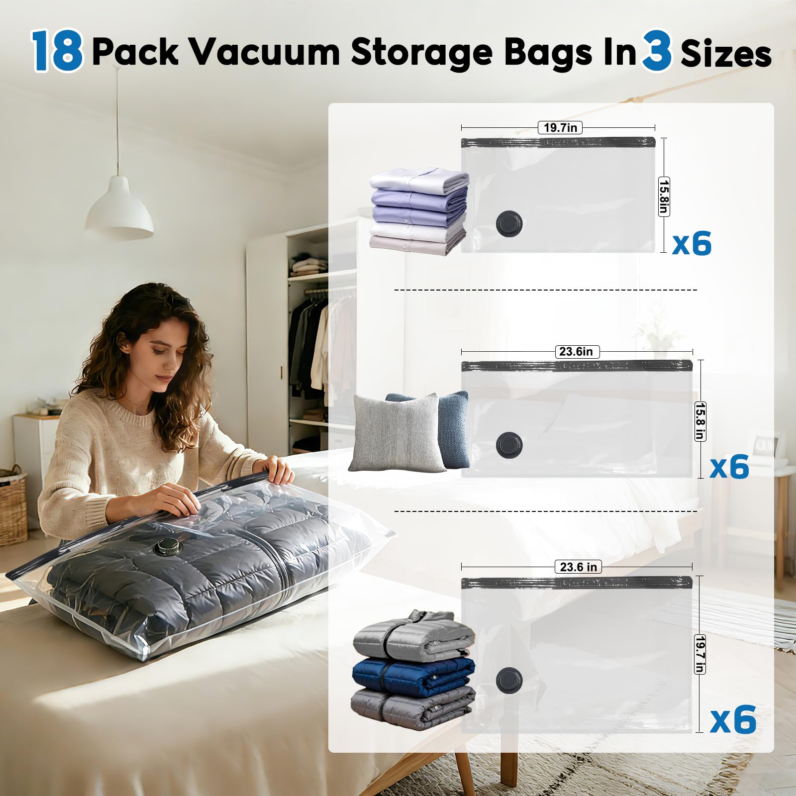 Mapambo Bolsas de vacío de viaje con bomba eléctrica LED de -60000 Pa, paquete de 18 bolsas de sellado al vacío para ropa de viaje en 3 tamaños combinados, bolsas de almacenamiento al vacío que