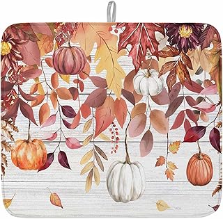 Fall Eucalyptus Brown Dish Drying Mat for Kitchen Counter Thanksgiving Pumpkin Autumn Wood Grain Baby Microfiber Drying Pad, Absorbent Coffee Cup Dishes Drainer Mats 16"x18", 1 Pcs