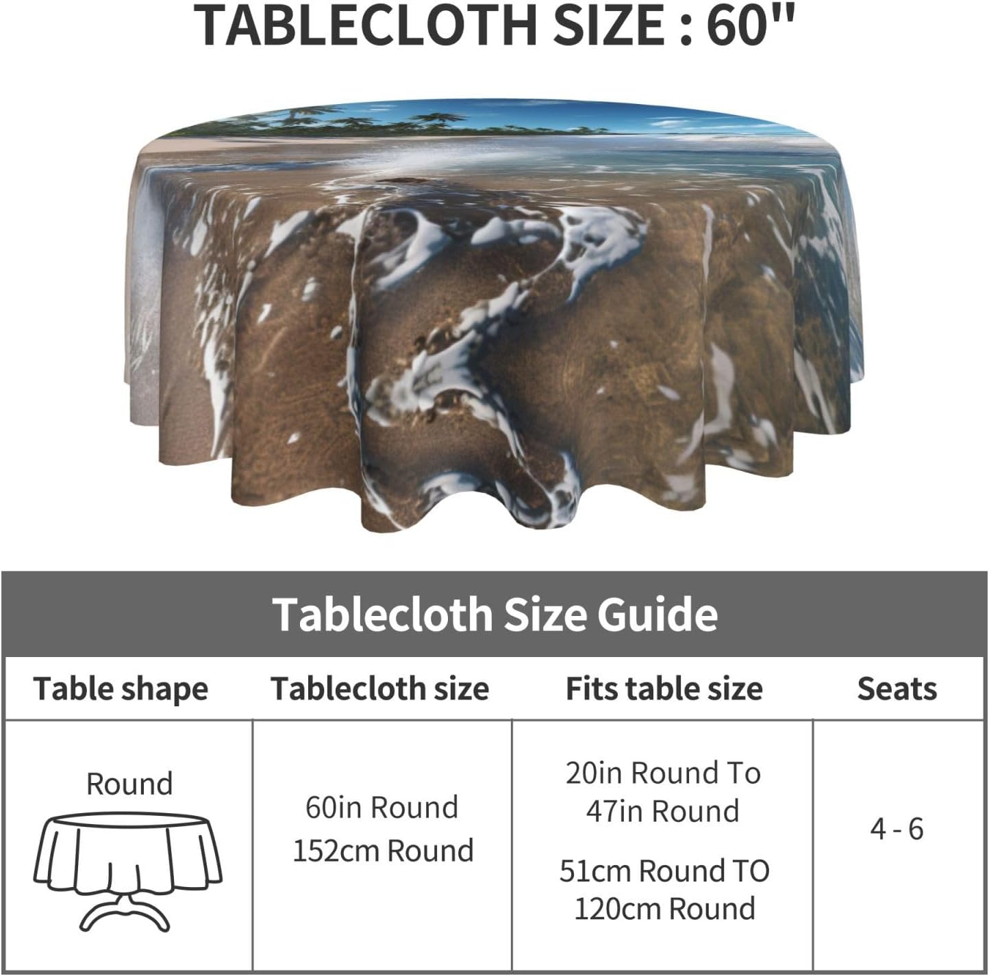 Water Rush to Tropical Beach 1 Print Wrinkle Free Dining Table Cover for Birthday Party Farmhouse Tablecloths Up to 60 x 60 Inches