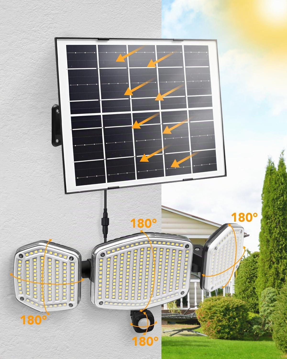 Lepwings Faretto Led da Esterno Solare con Cavo 5m, 426LED 2800LM Luci Solari con Sensore Movimento, 4400mAh Lampada Solare, 3 Modalità, IP65 Impermeabile, Adatto per Giardini, Garage, Vialetti