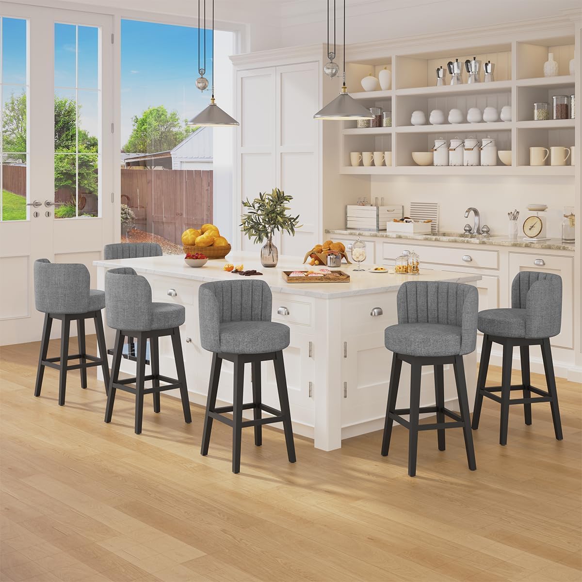 COCO DESIGN Swivel Bar Stools Set of 2, 26" Seat Height Mid Century Modern Bastools with Linen Upholstered Seat, Counter Height Chairs with Back & Solid Wood Legs for Bar Kitchen Island, Grey